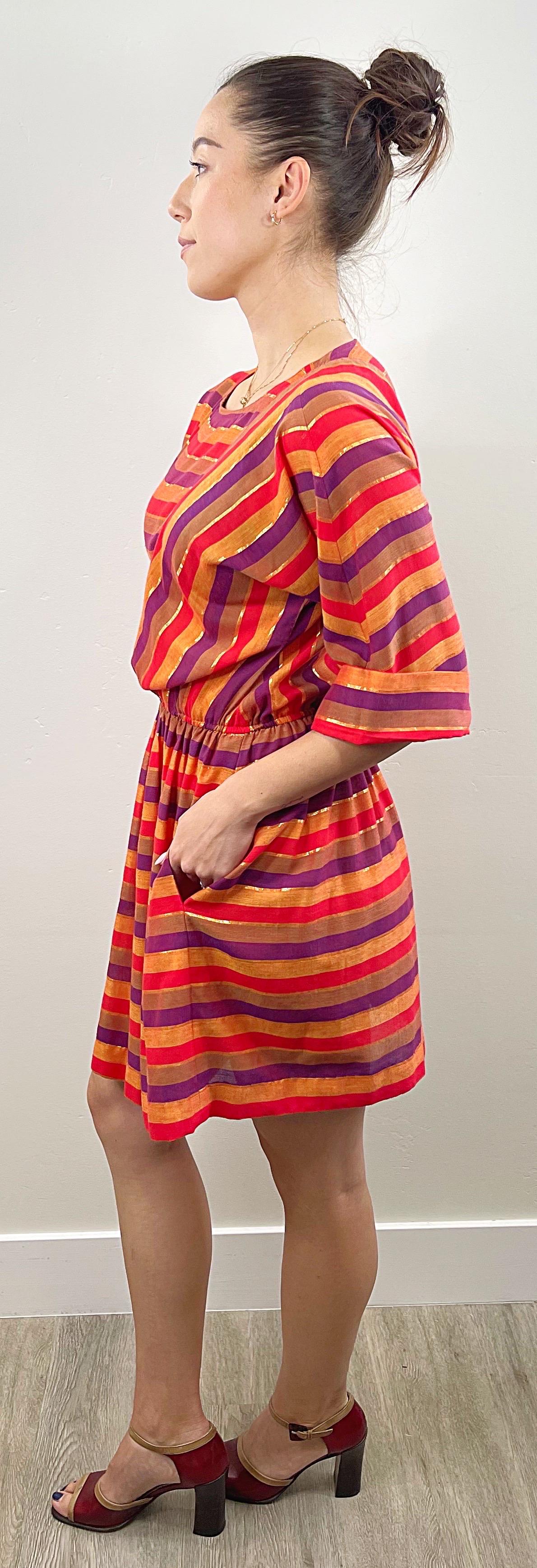 1970s Diane Von Furstenberg Red Purple Gold Orange Striped Vintage 70s Dress For Sale 1