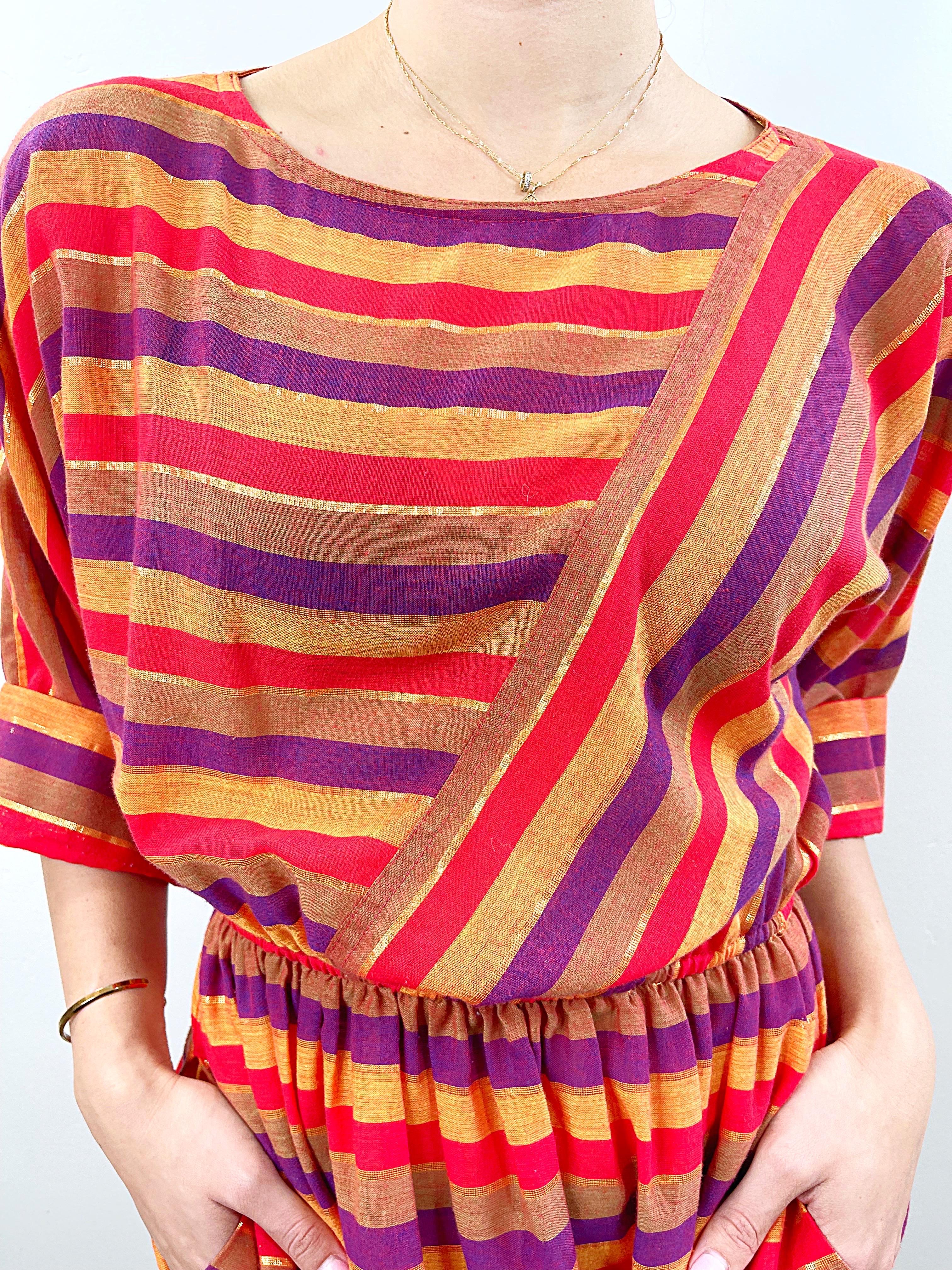 1970s Diane Von Furstenberg Red Purple Gold Orange Striped Vintage 70s Dress For Sale 5