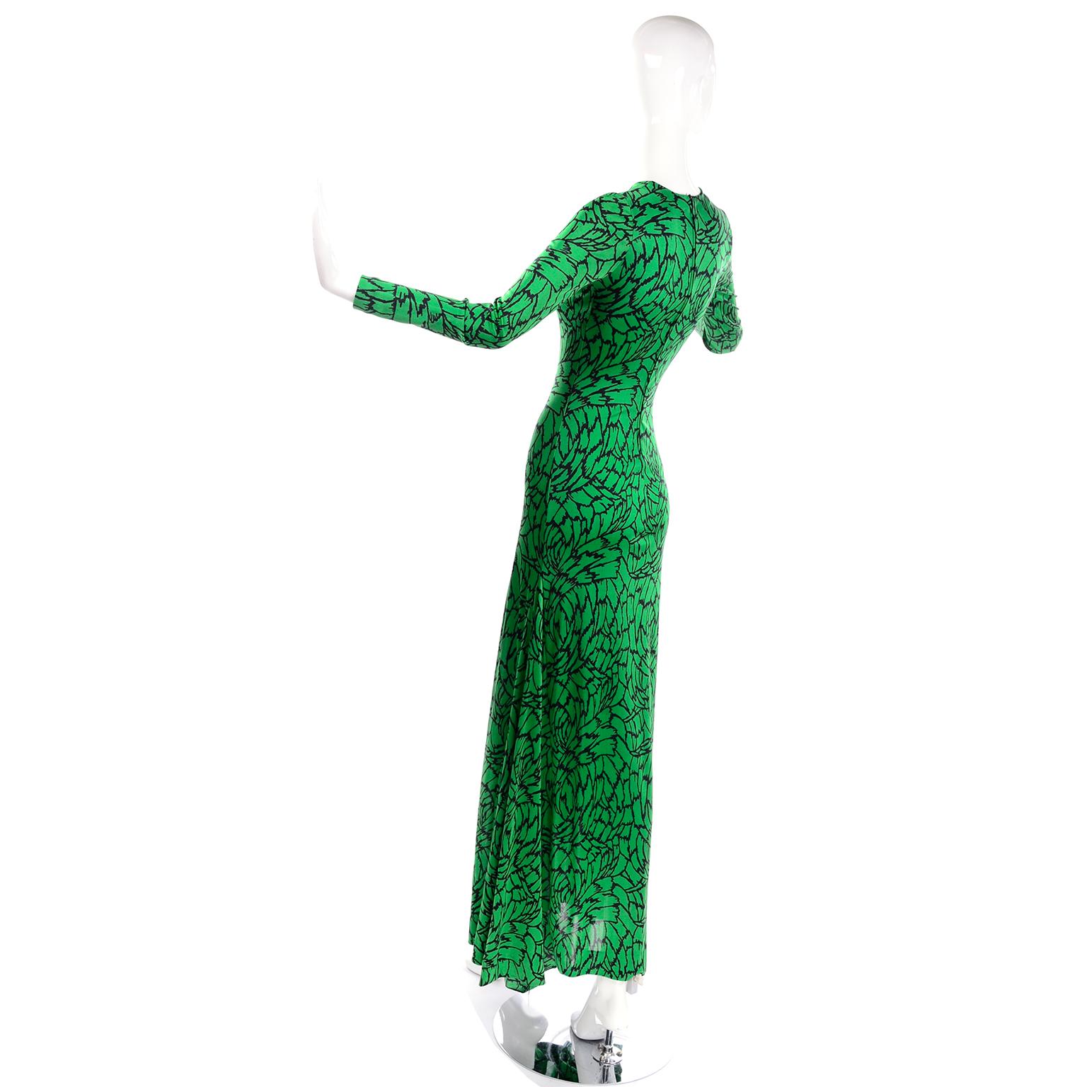 1970s Diane Von Furstenberg Vintage Green & Black Stretch Jersey Maxi Dress 1