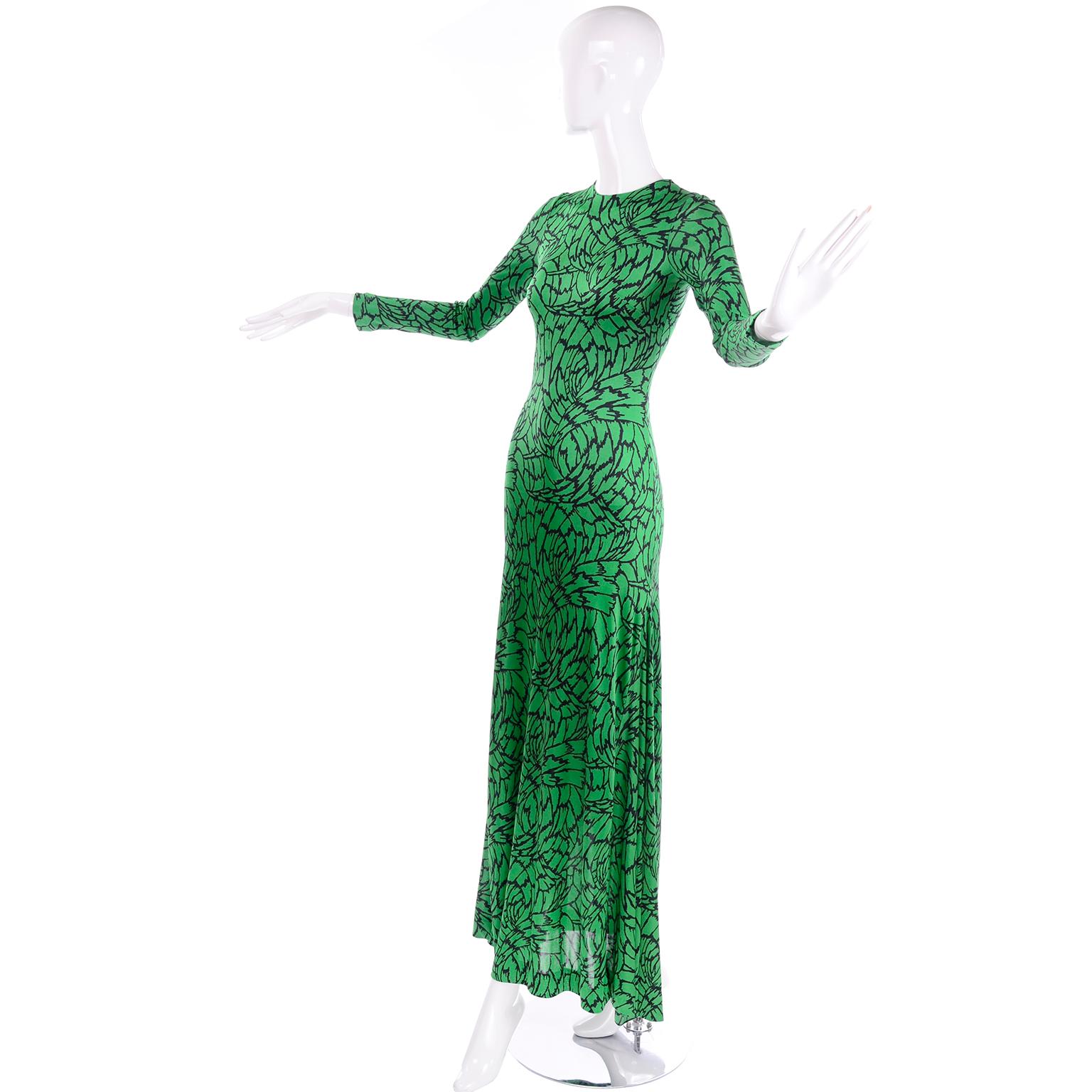 1970s Diane Von Furstenberg Vintage Green & Black Stretch Jersey Maxi Dress 2