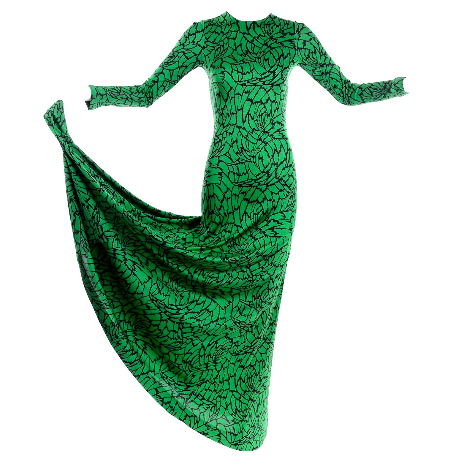 1970s Diane Von Furstenberg Vintage Green & Black Stretch Jersey Maxi Dress