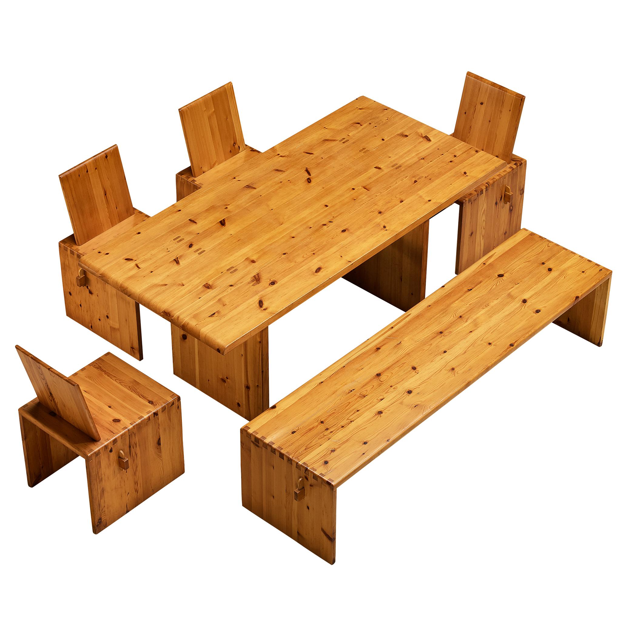 1970s Dining Set in Solid Pine with Table Chairs and Bench For Sale