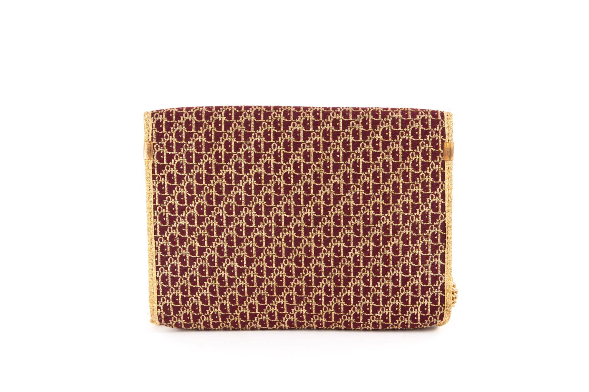 Brown 1970s Dior Bordeaux Oblique Monogram and Gold Lurex Canvas Logo Shoulder Bag