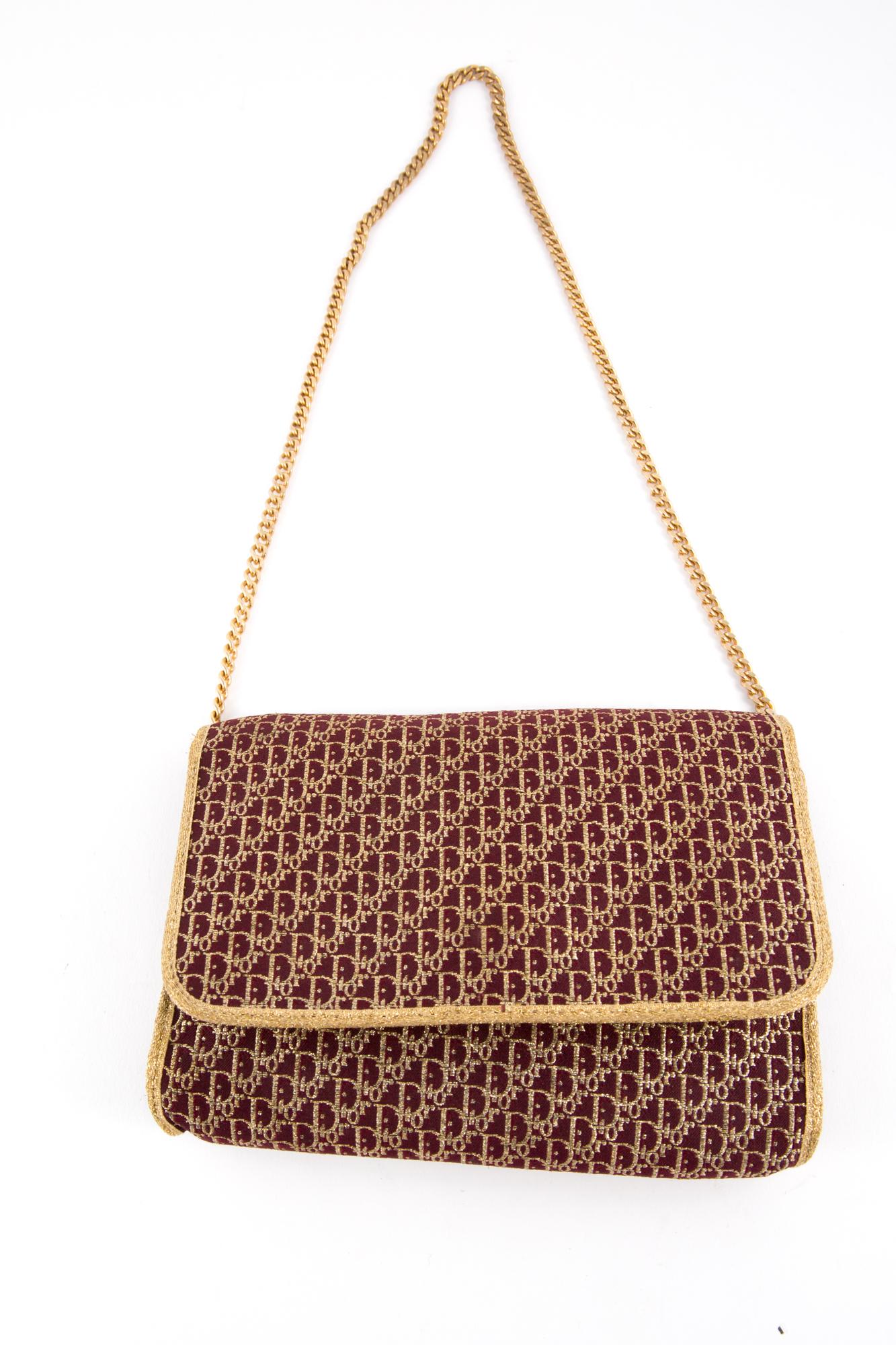 Women's 1970s Dior Bordeaux Oblique Monogram and Gold Lurex Canvas Logo Shoulder Bag