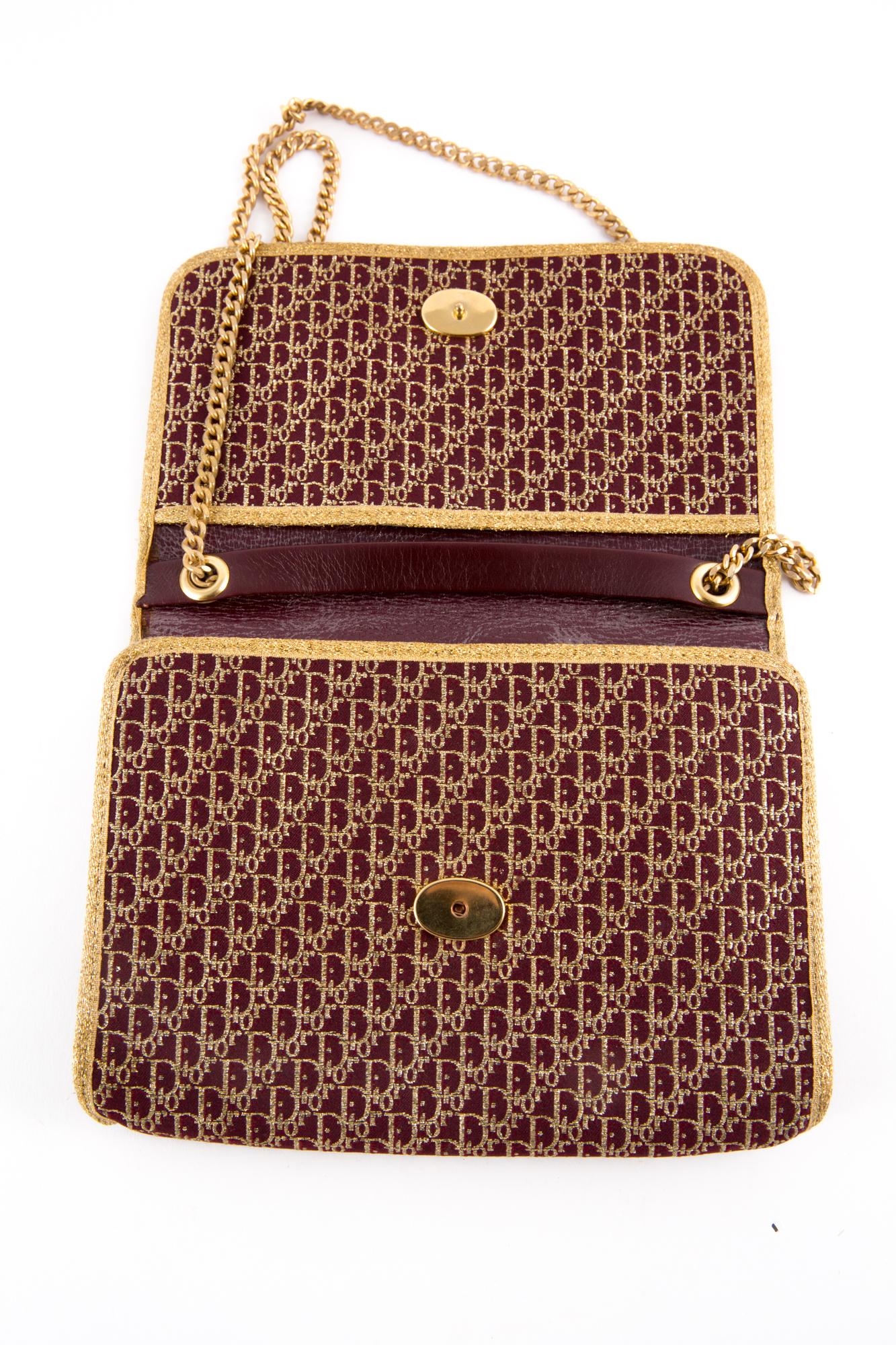 1970s Dior Bordeaux Oblique Monogram and Gold Lurex Canvas Logo Shoulder Bag 1