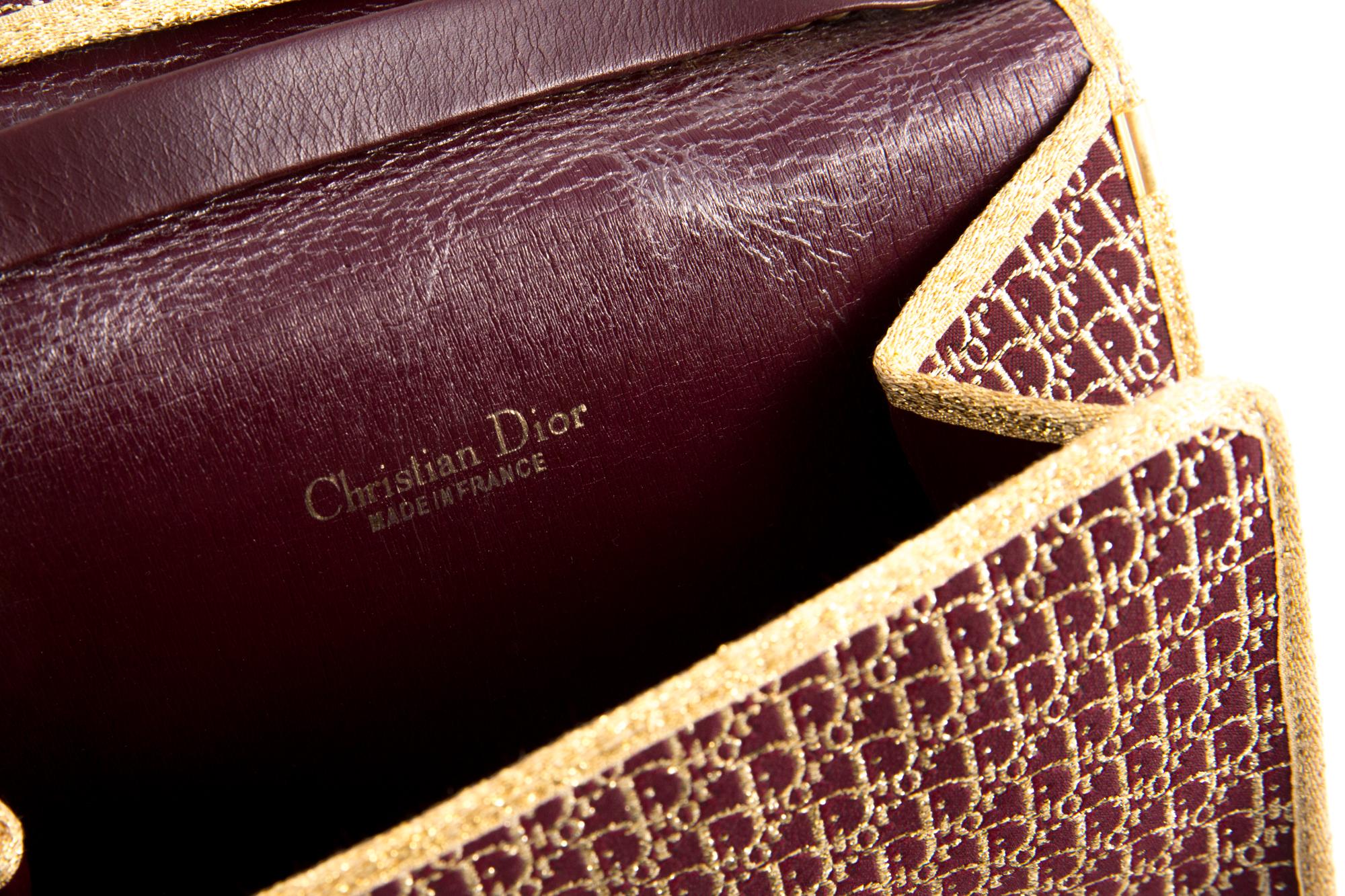 1970s Dior Bordeaux Oblique Monogram and Gold Lurex Canvas Logo Shoulder Bag 2