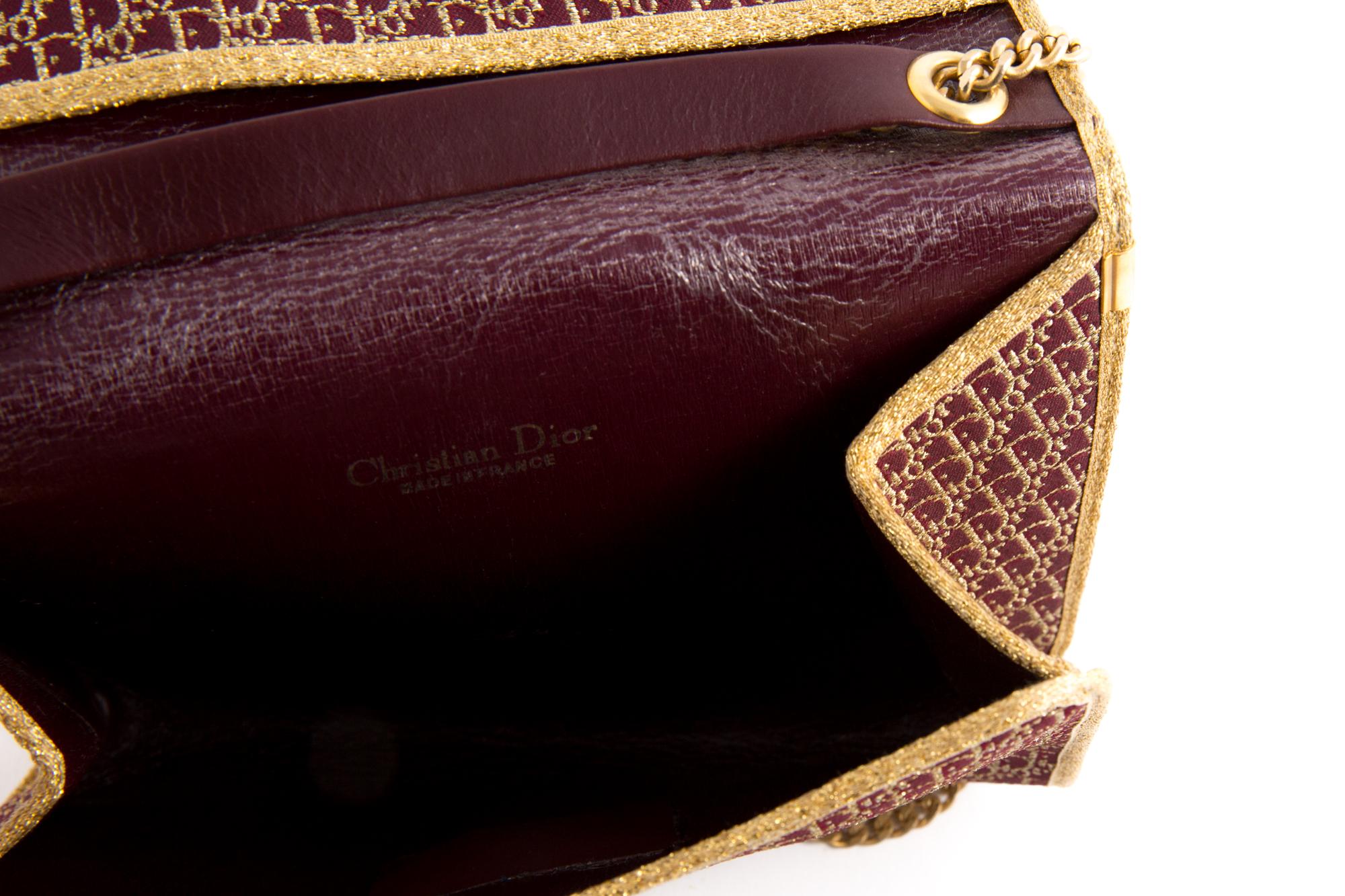 1970s Dior Bordeaux Oblique Monogram and Gold Lurex Canvas Logo Shoulder Bag 3