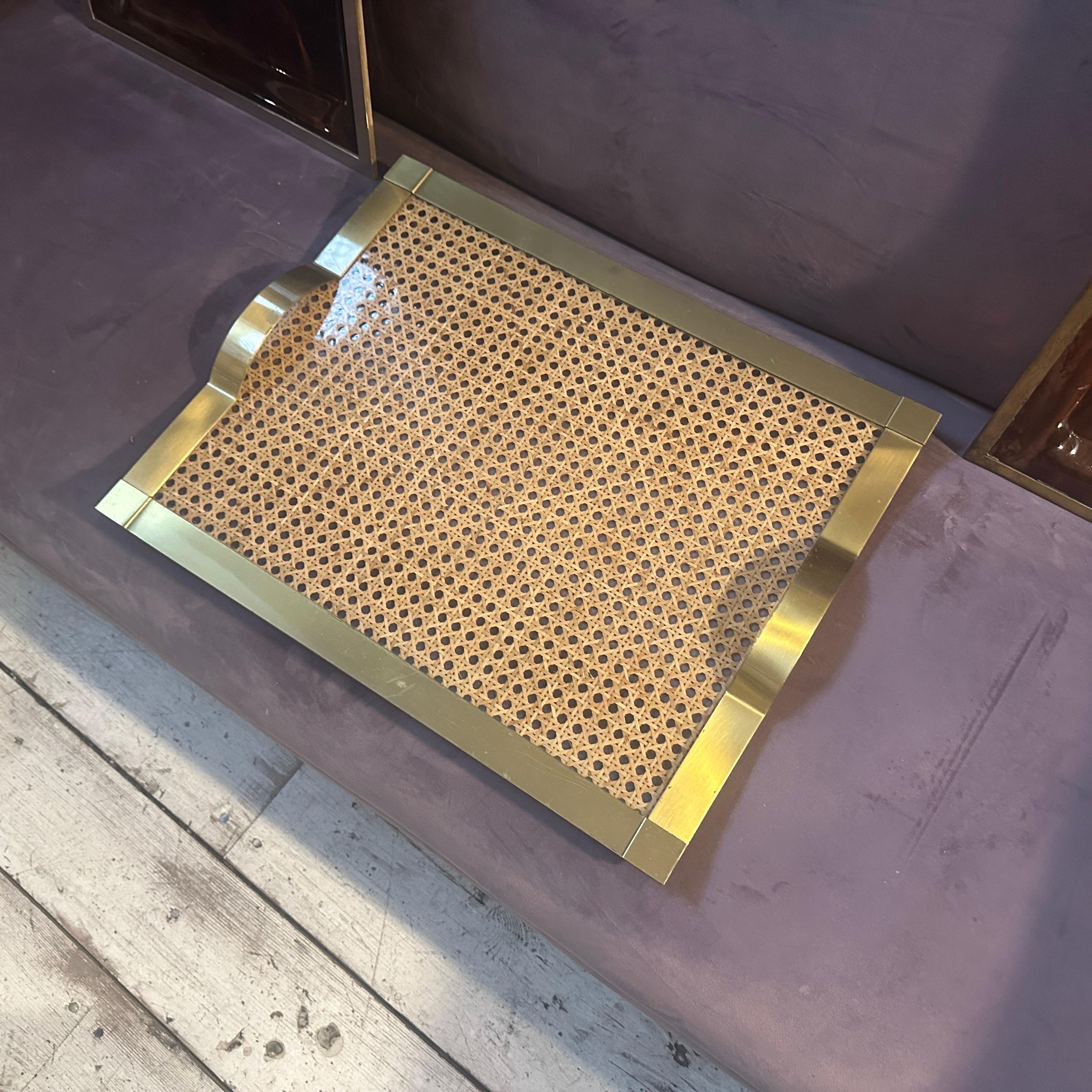 1970er Dior Home Stil Mitte des Jahrhunderts Modern Messing und Wien Stroh Serviertablett im Angebot 4