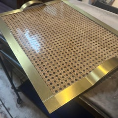 1970s Dior Home Style Mid-Century Modern Brass and Vienna Straw Serving Tray