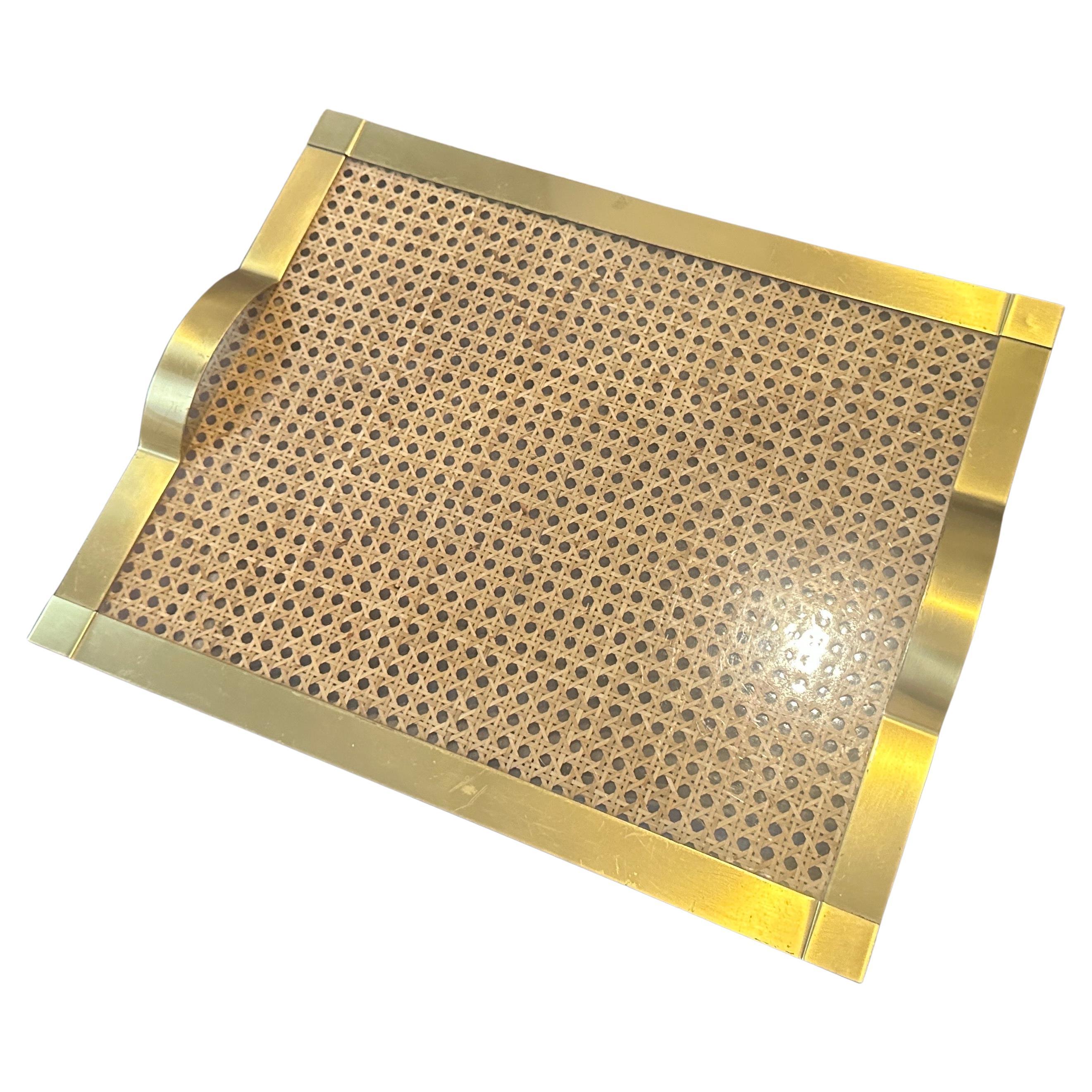 1970er Dior Home Stil Mitte des Jahrhunderts Modern Messing und Wien Stroh Serviertablett