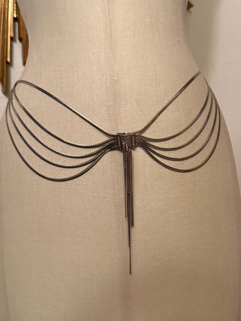 1970s Dior Multi-Strand Serpentine Silver Chain Belt w Center Swag, image 2 of 15