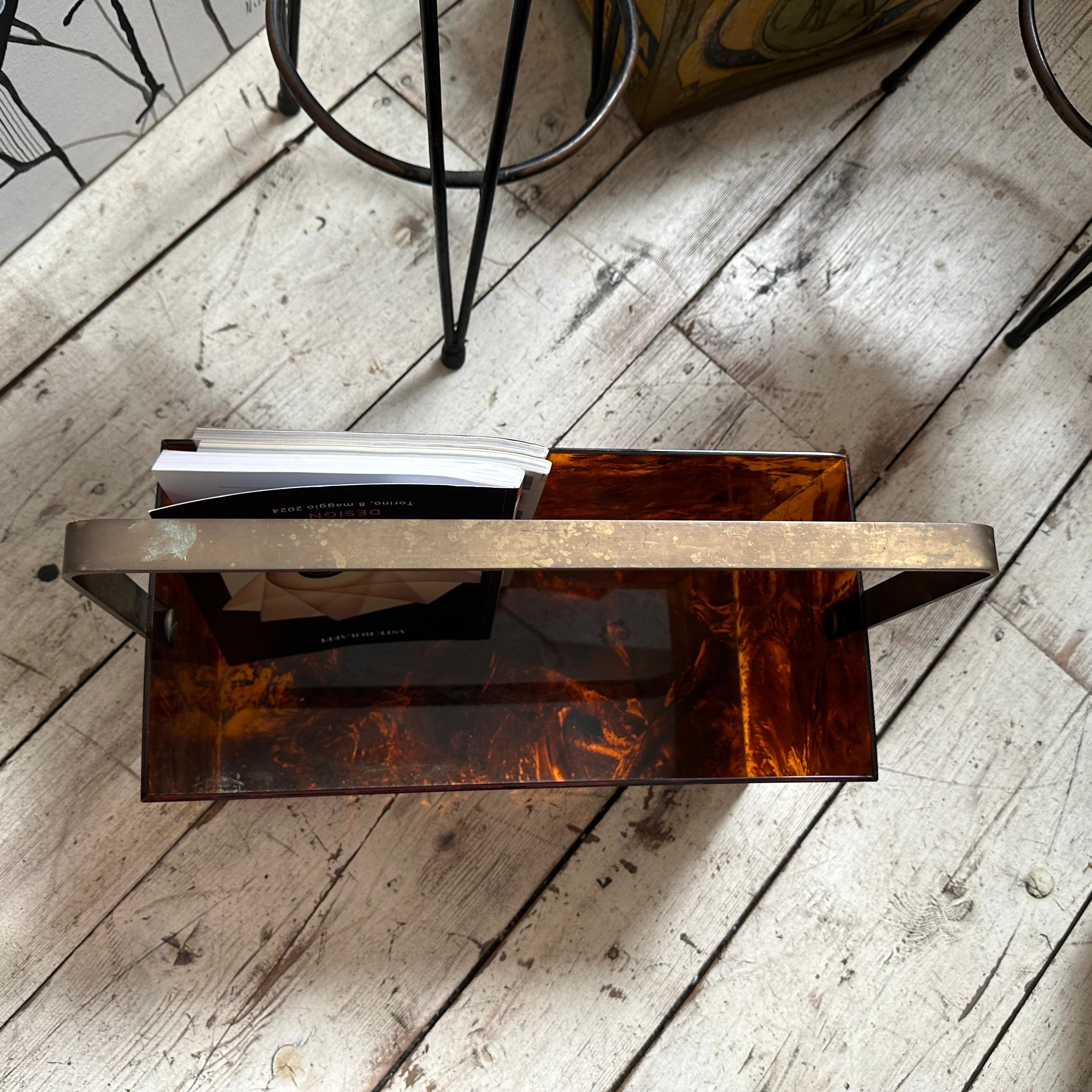 1970s Dior Style Mid-Century Modern Fake Tortoise Lucite Brass Magazine Stand 6