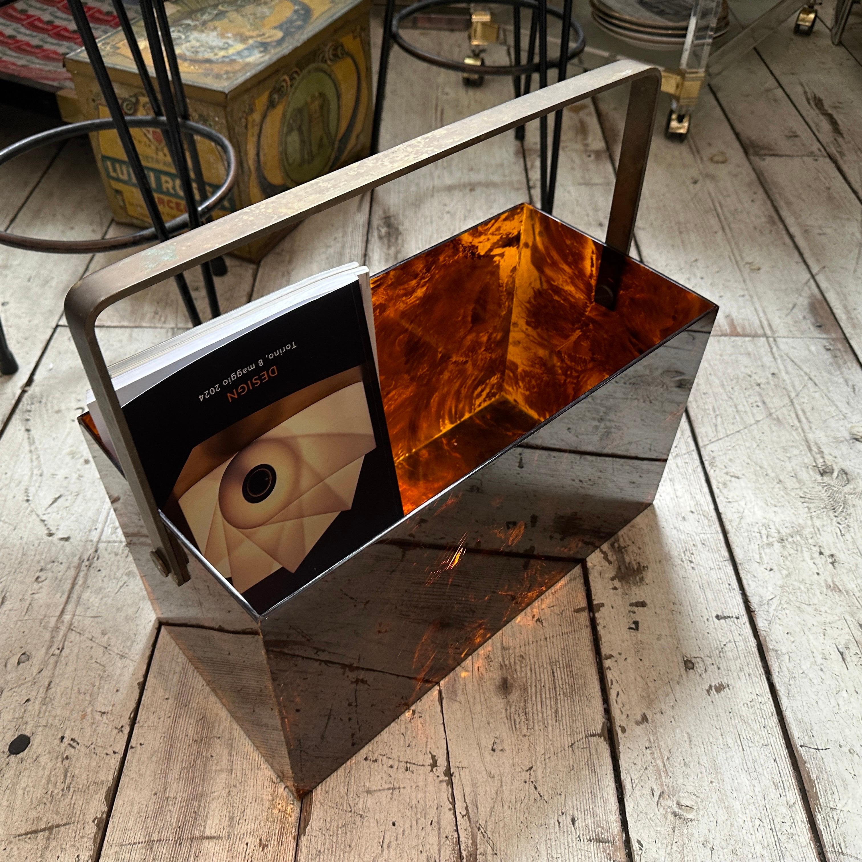 1970s Dior Style Mid-Century Modern Fake Tortoise Lucite Brass Magazine Stand 7