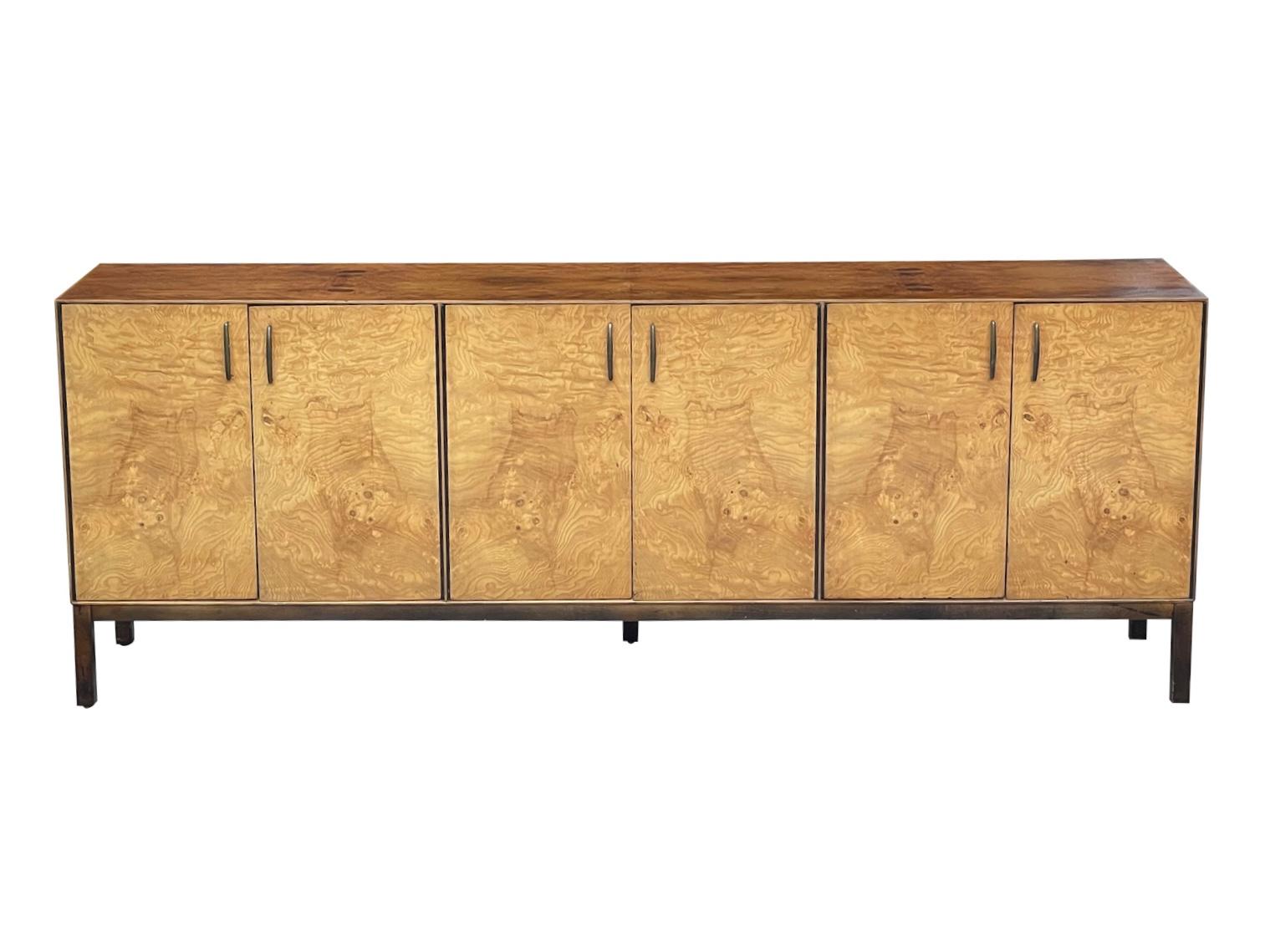 Mid-Century Modern 1970s Directional Milo Baughman Burl Credenza with Carrara Marble Top  For Sale