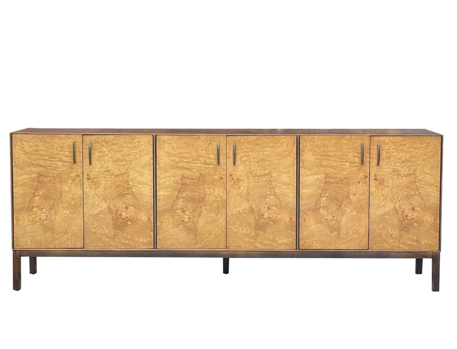American 1970s Directional Milo Baughman Burl Credenza with Carrara Marble Top  For Sale