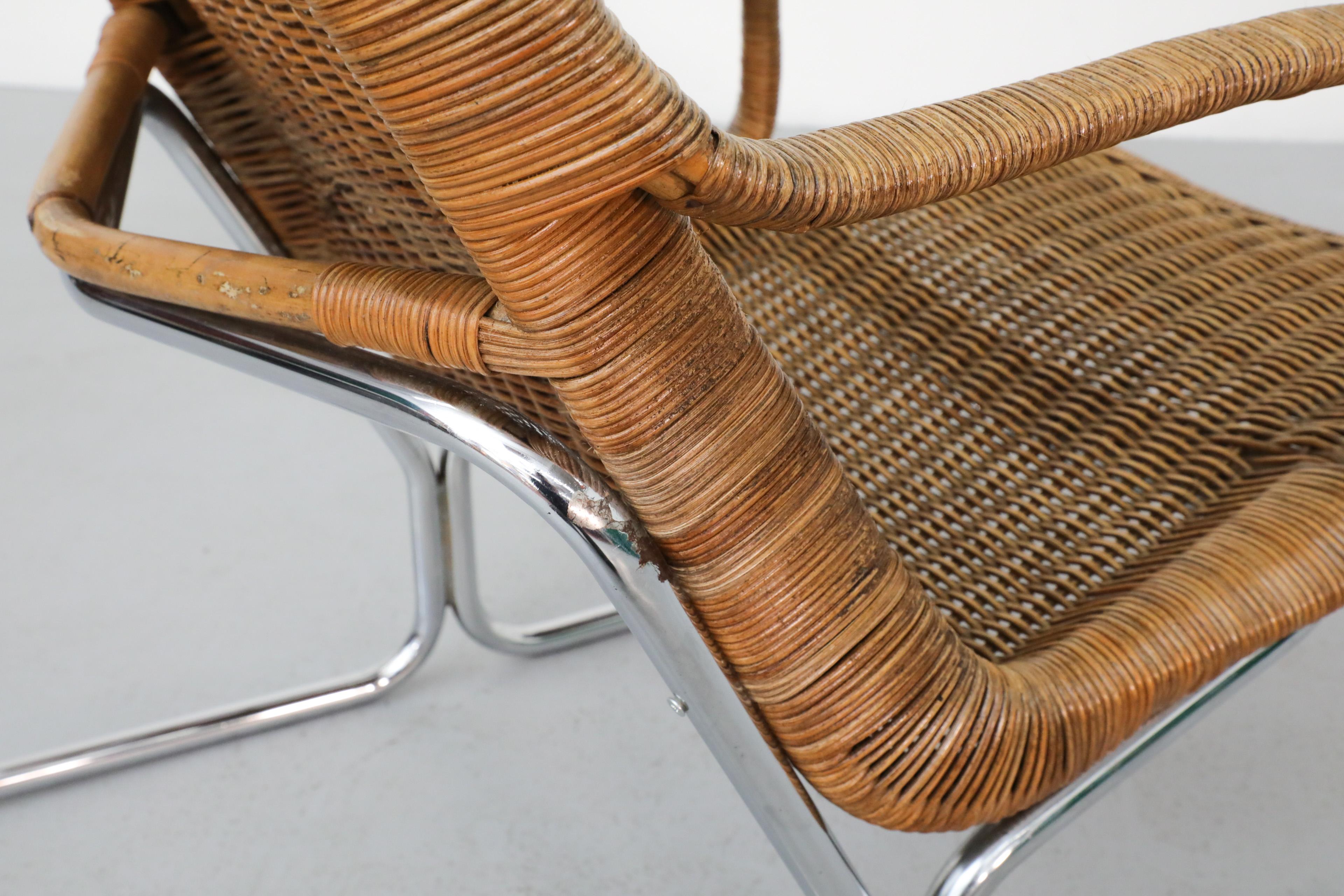 1970s Dirk Van Sliedregt Model 514C Rattan Lounge Chair w/ Chrome Sled Legs 8