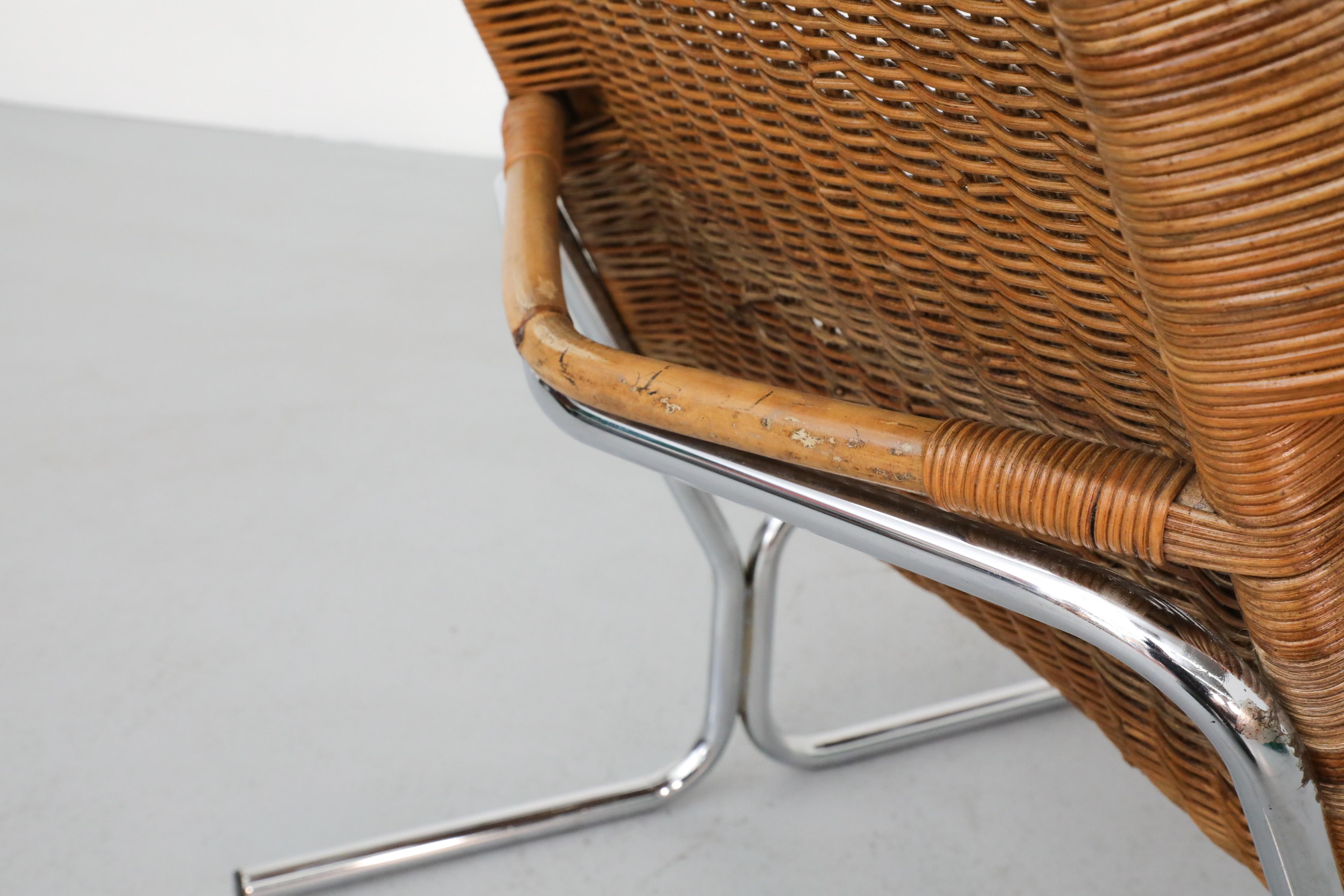 1970s Dirk Van Sliedregt Model 514C Rattan Lounge Chair w/ Chrome Sled Legs 9