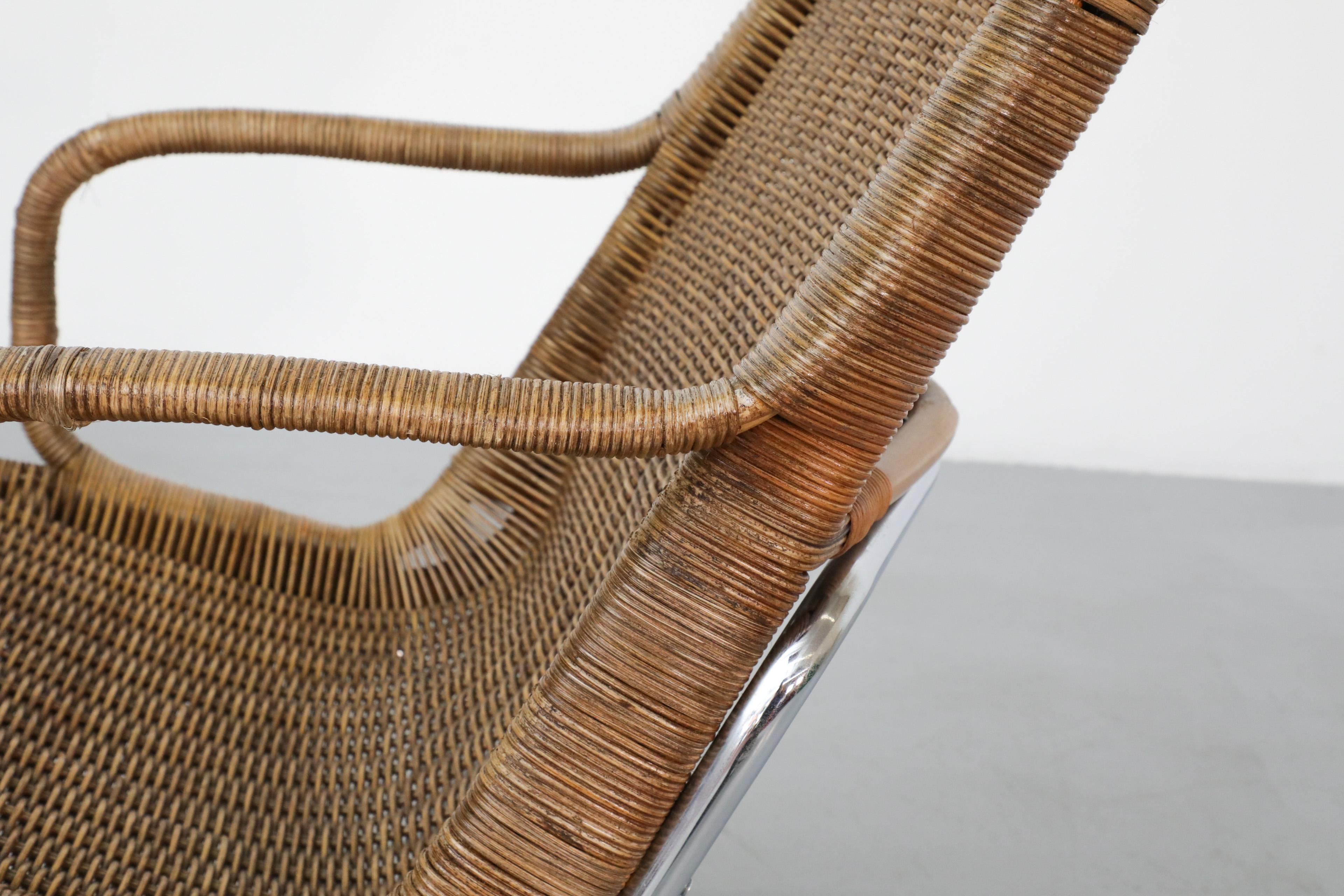 1970s Dirk Van Sliedregt Model 514C Rattan Lounge Chair w/ Chrome Sled Legs 12