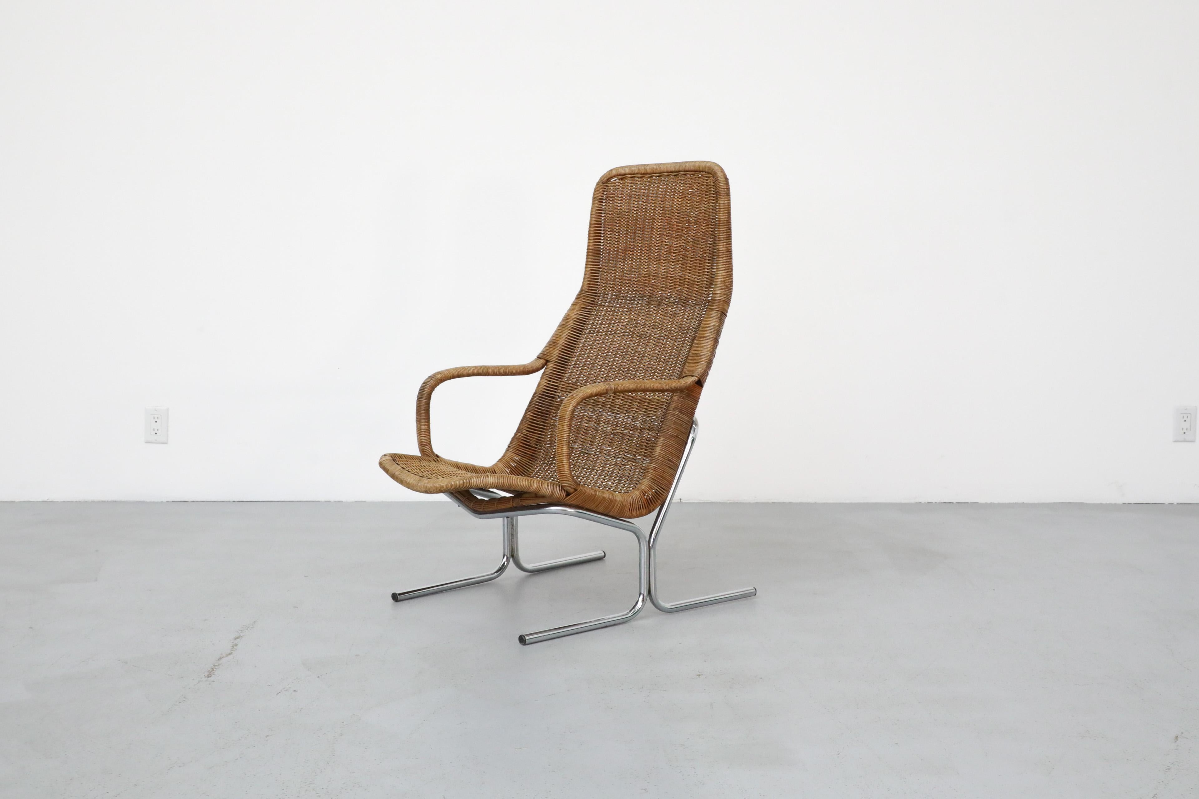 Mid-Century Modern 1970s Dirk Van Sliedregt Model 514C Rattan Lounge Chair w/ Chrome Sled Legs