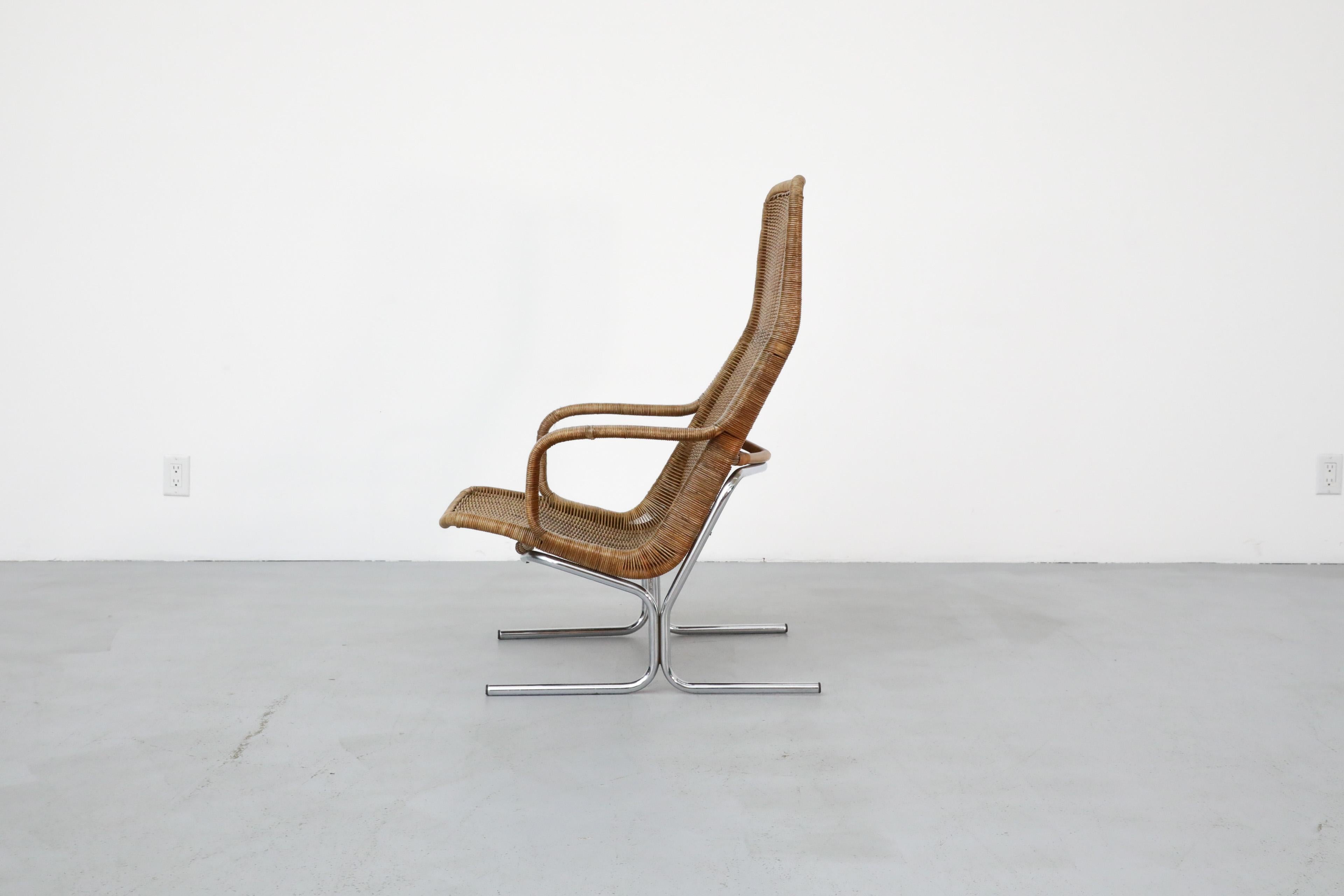Dutch 1970s Dirk Van Sliedregt Model 514C Rattan Lounge Chair w/ Chrome Sled Legs