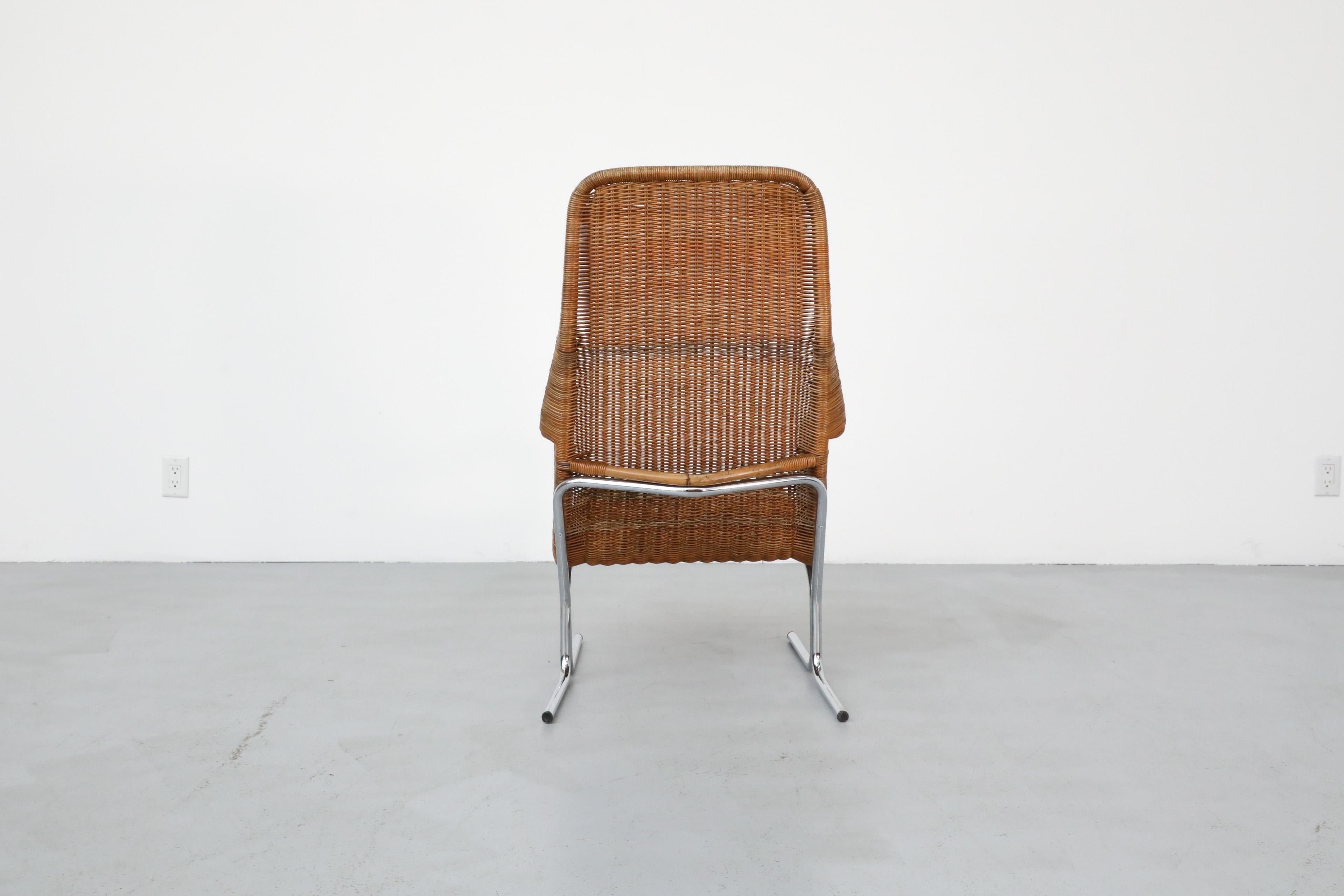 Late 20th Century 1970s Dirk Van Sliedregt Model 514C Rattan Lounge Chair w/ Chrome Sled Legs