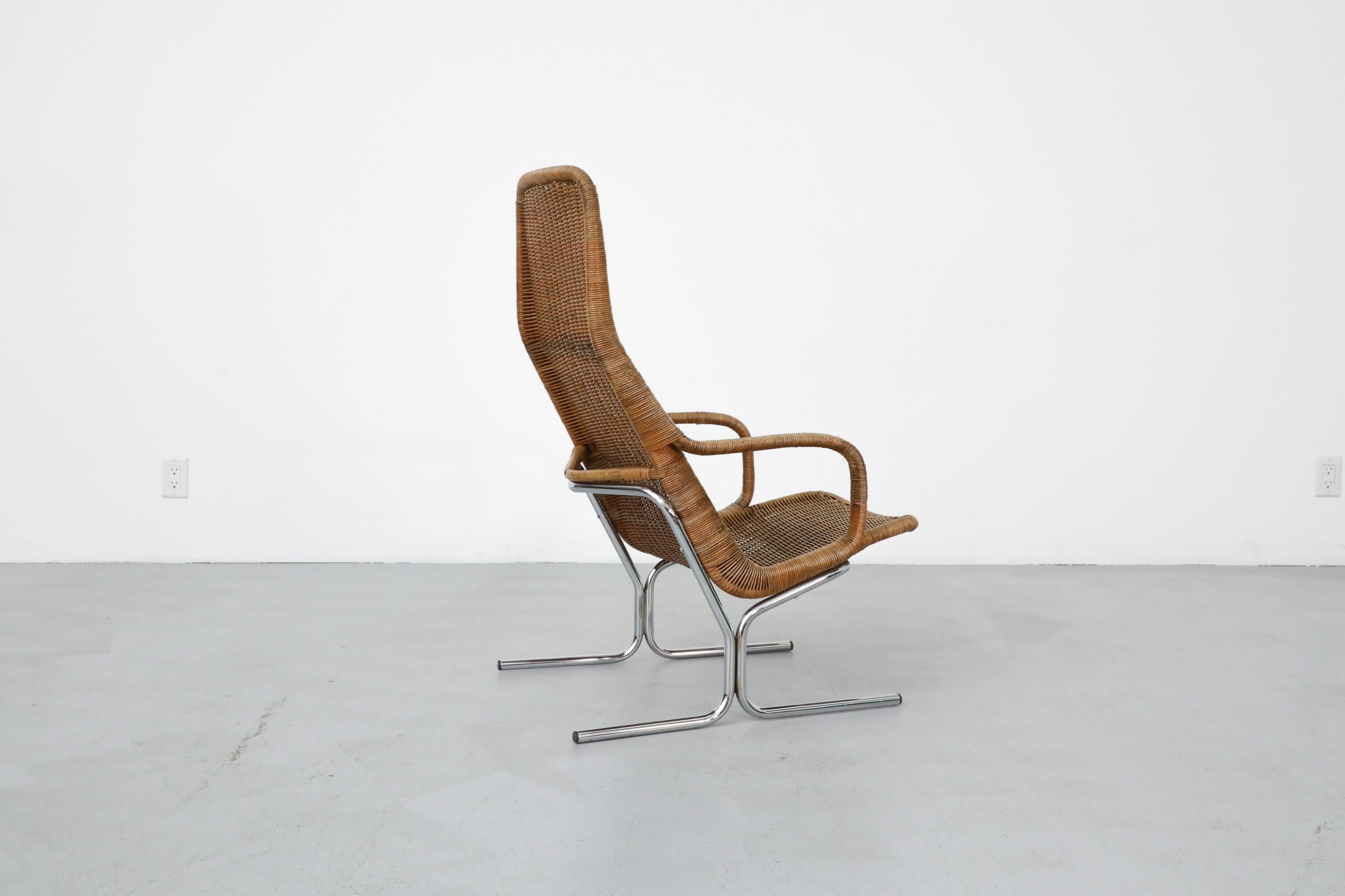 1970s Dirk Van Sliedregt Model 514C Rattan Lounge Chair w/ Chrome Sled Legs 1