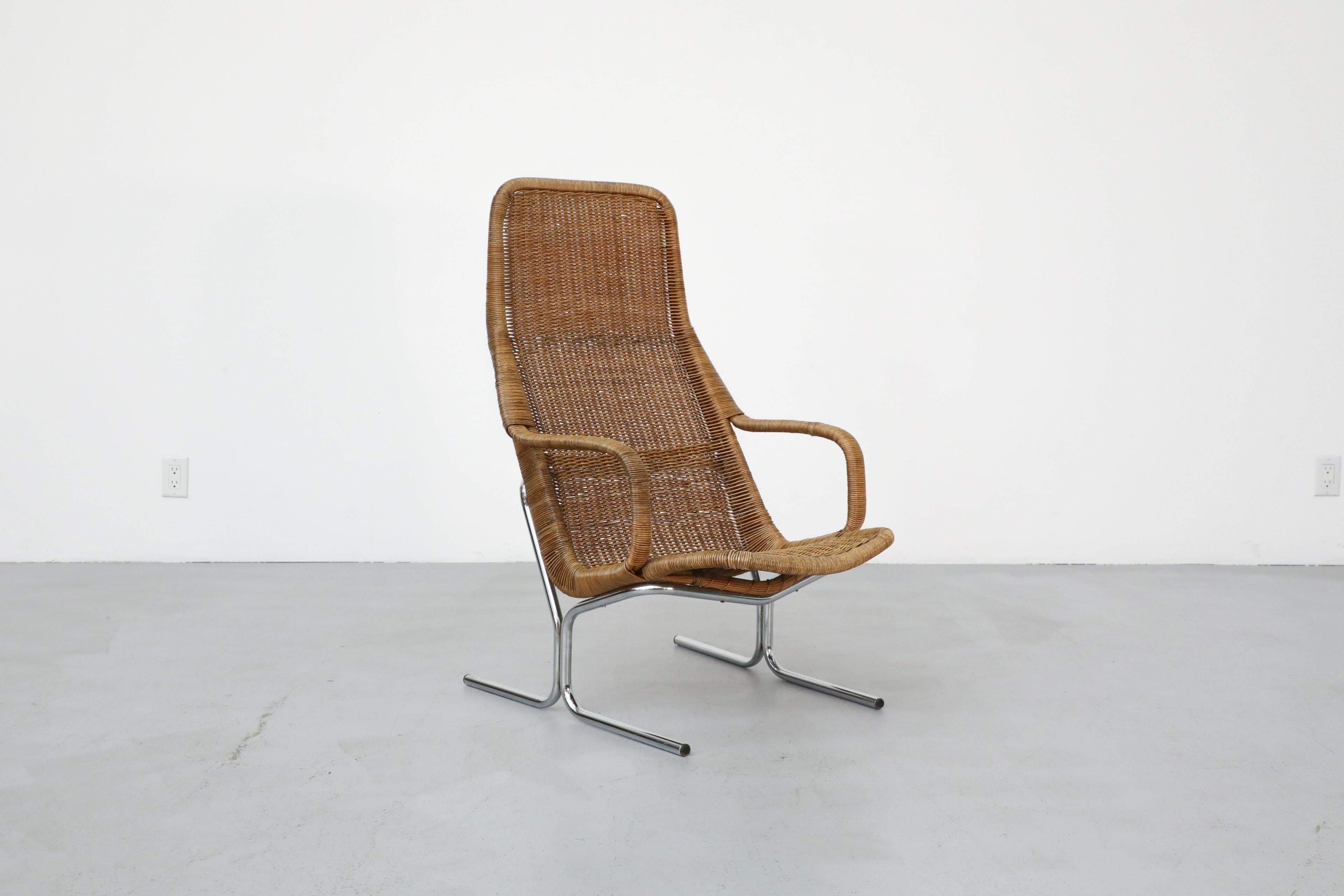 1970s Dirk Van Sliedregt Model 514C Rattan Lounge Chair w/ Chrome Sled Legs 2