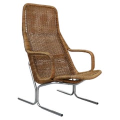 1970er Dirk Van Sliedregt Modell 514C Rattan Lounge Stuhl mit verchromten Schlittenbeinen