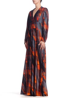 1970'S Geometric Printed Polyester Jersey Disco Long Sleeve Maxi Dress