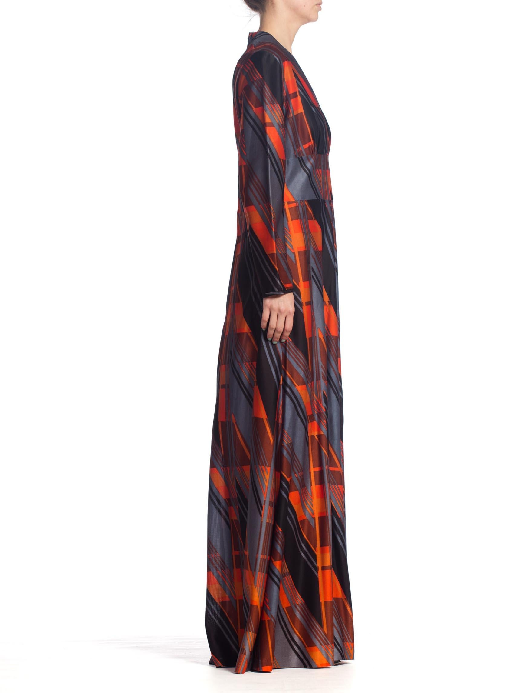1970'S Geometric Printed Polyester Jersey Disco Long Sleeve Maxi Dress In Excellent Condition In New York, NY