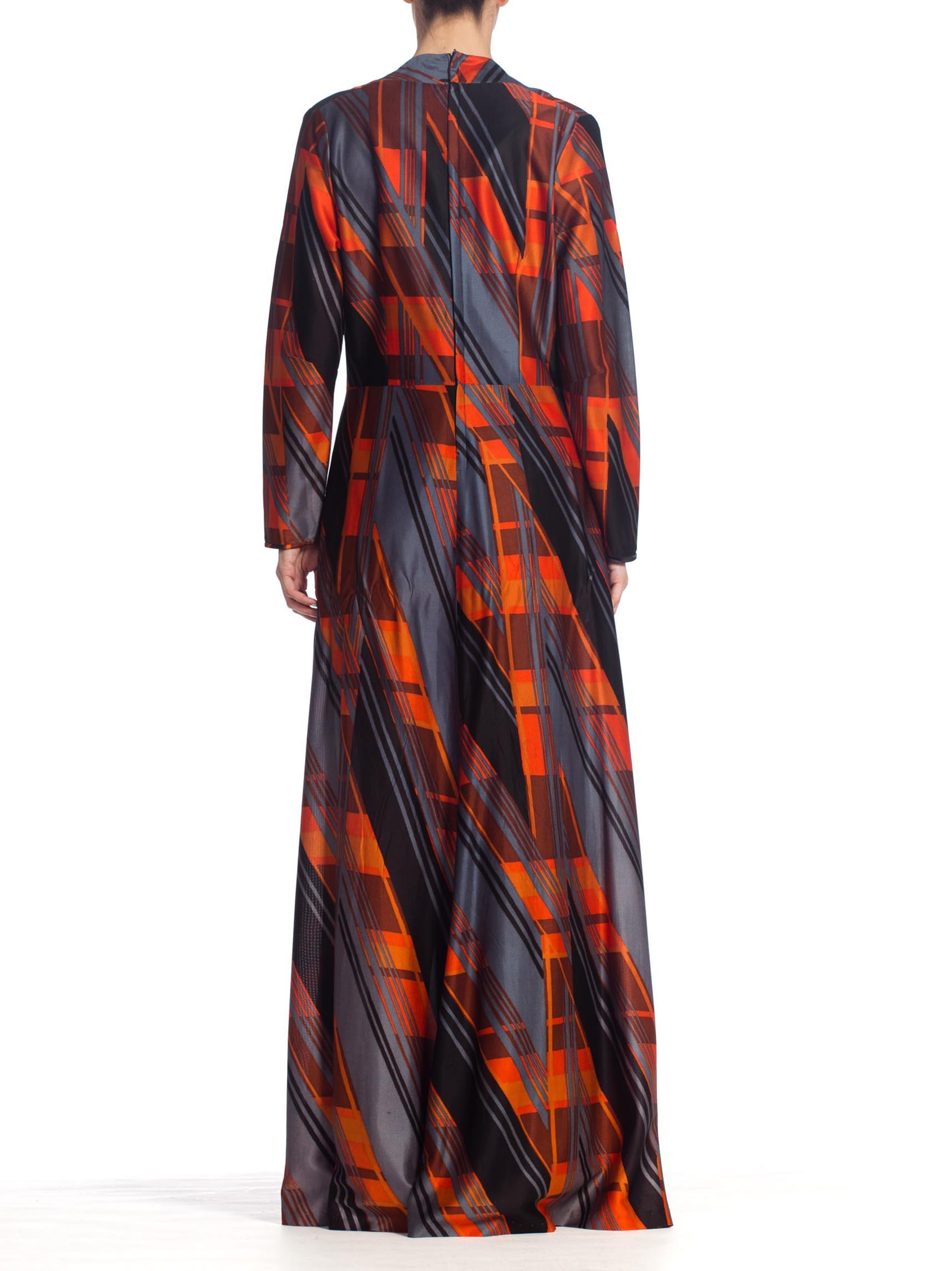 1970'S Geometric Printed Polyester Jersey Disco Long Sleeve Maxi Dress 1