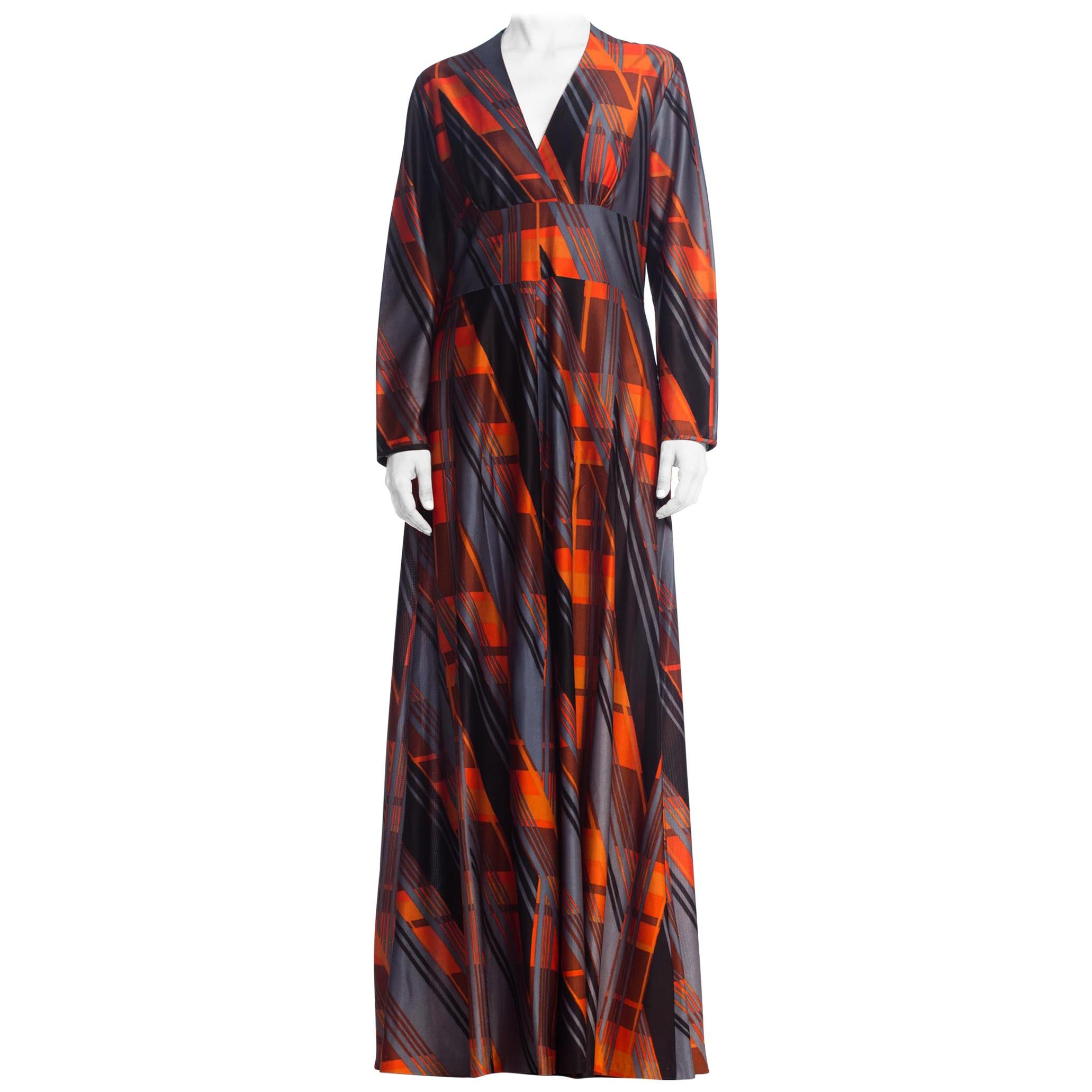 1970'S Geometric Printed Polyester Jersey Disco Long Sleeve Maxi Dress