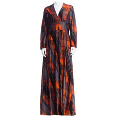 Vintage 1970'S Geometric Printed Polyester Jersey Disco Long Sleeve Maxi Dress
