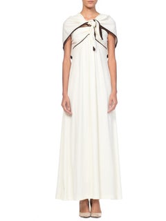1970S Cream & Brown Polyester Jersey Disco Dress With Shawl