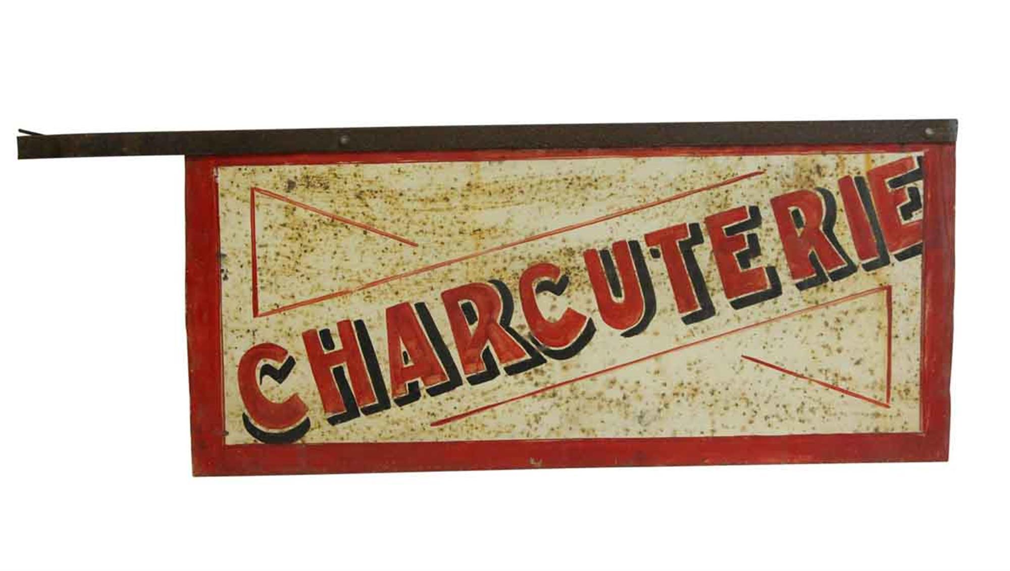 1970s distressed French white and red double-sided charcuterie metal sign. Delicatessen in French. Shows wear from age and use. This can be seen at our 302 Bowery location in Manhattan.