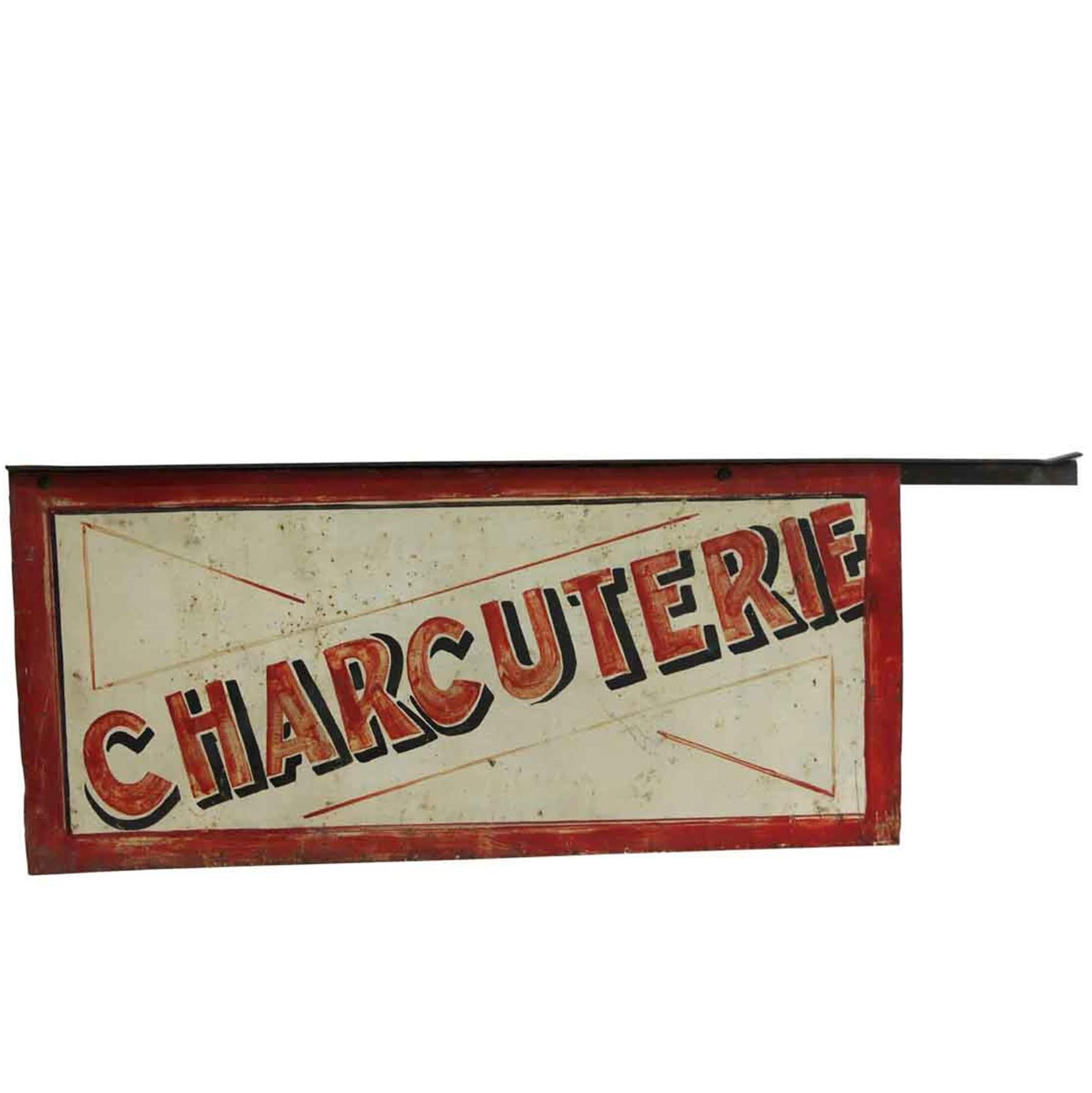 1970s Distressed French "Charcuterie" or "Delicatessen" Double-Sided Sign