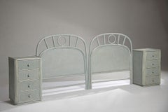 1970s Distressed Rattan and Bamboo Headboard and Bedside Tables Set