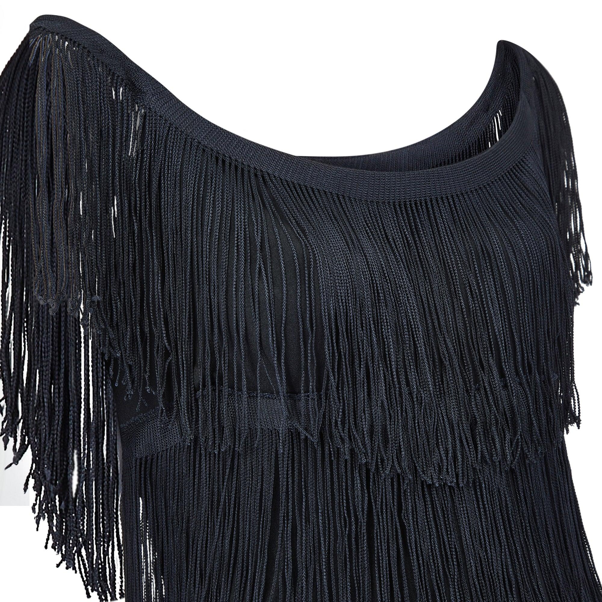 Women's 1970s Documented Loris Azzaro Black Tassel Column Dress For Sale