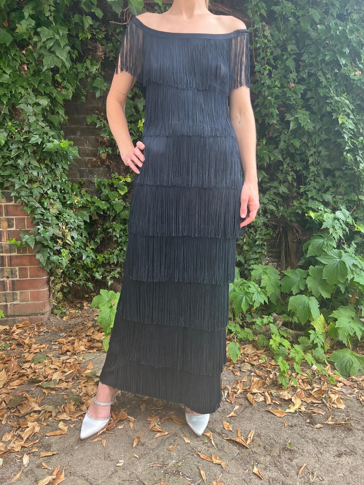 1970s Documented Loris Azzaro Black Tassel Column Dress For Sale 3