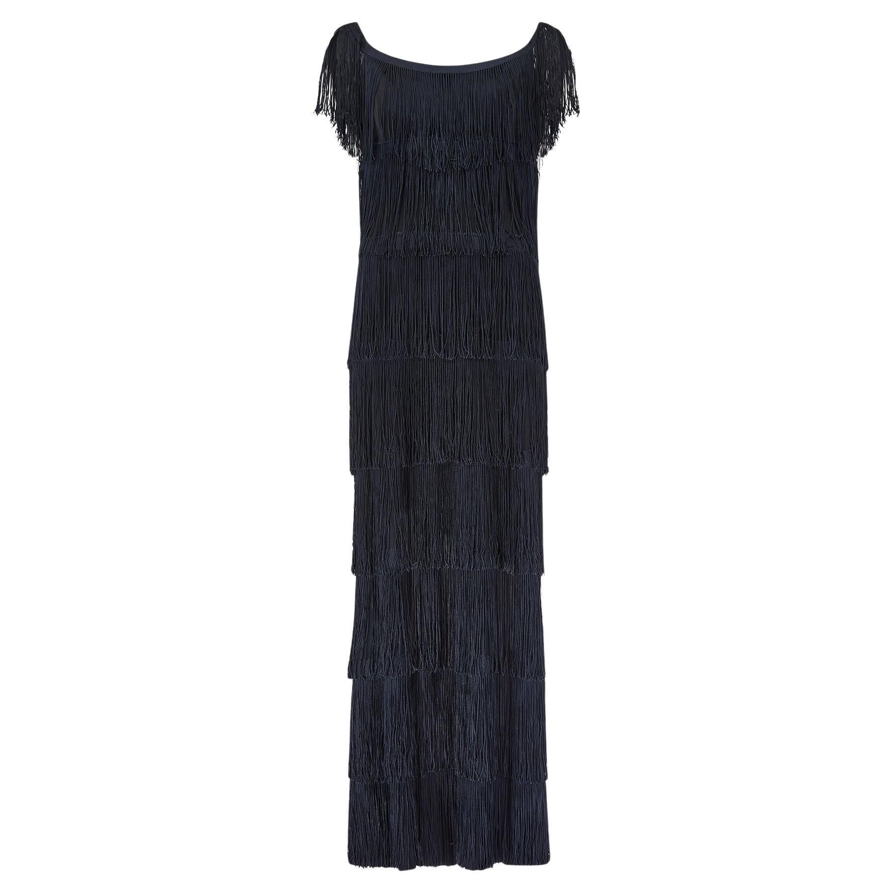 1970s Documented Loris Azzaro Black Tassel Column Dress For Sale