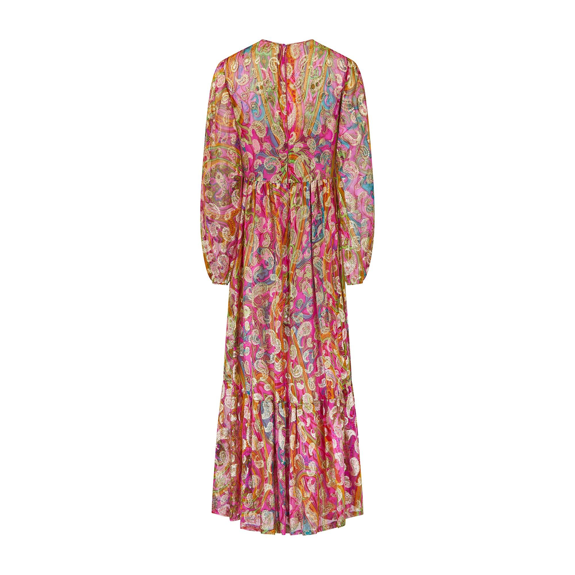 1970s Documentado Paulette Buraud Vestido Paisley de Seda Rosa y Oro Marrón