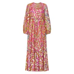 1970s Documented Paulette Buraud Pink and Gold Silk Paisley Dress
