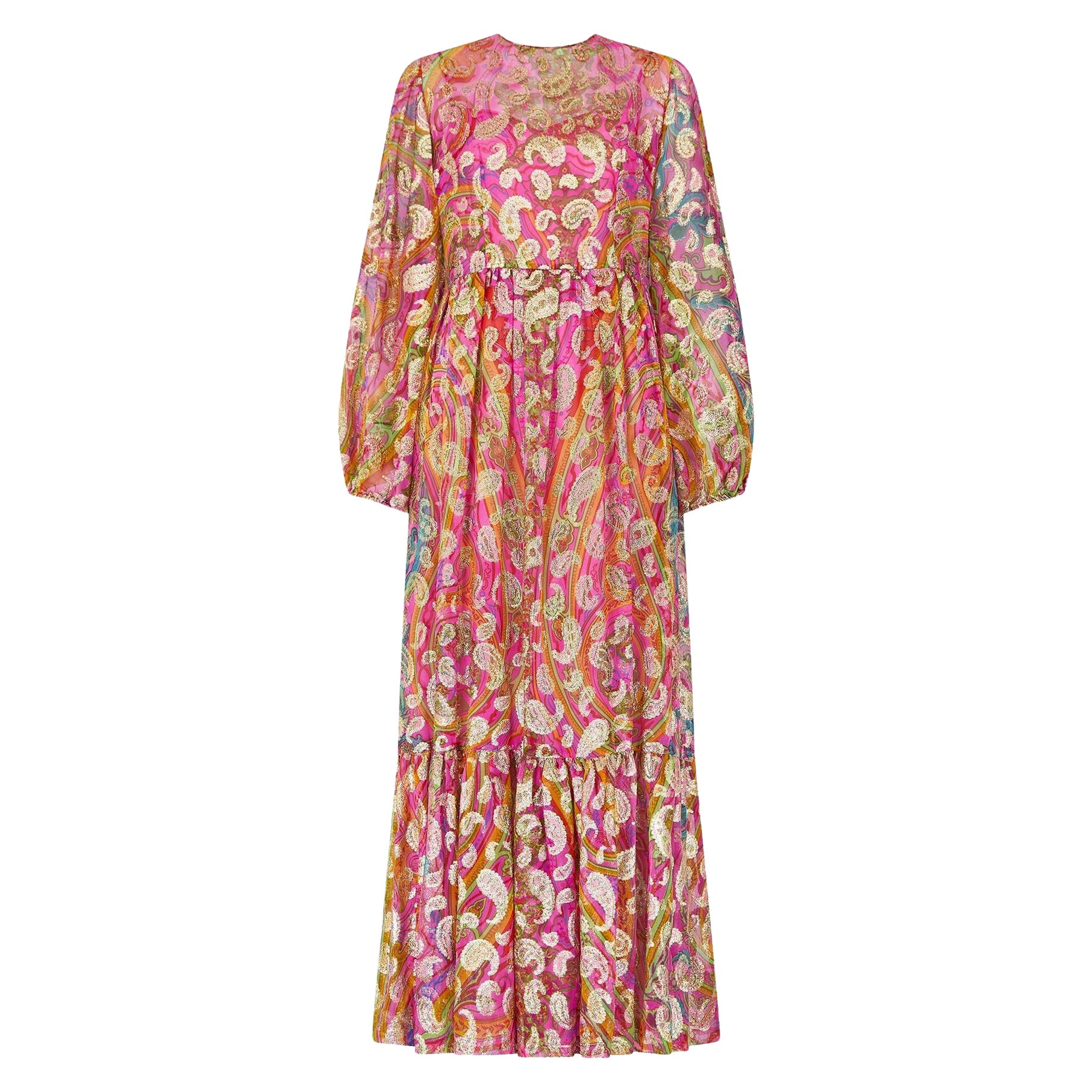 1970s Documented Paulette Buraud Pink and Gold Silk Paisley Dress For Sale