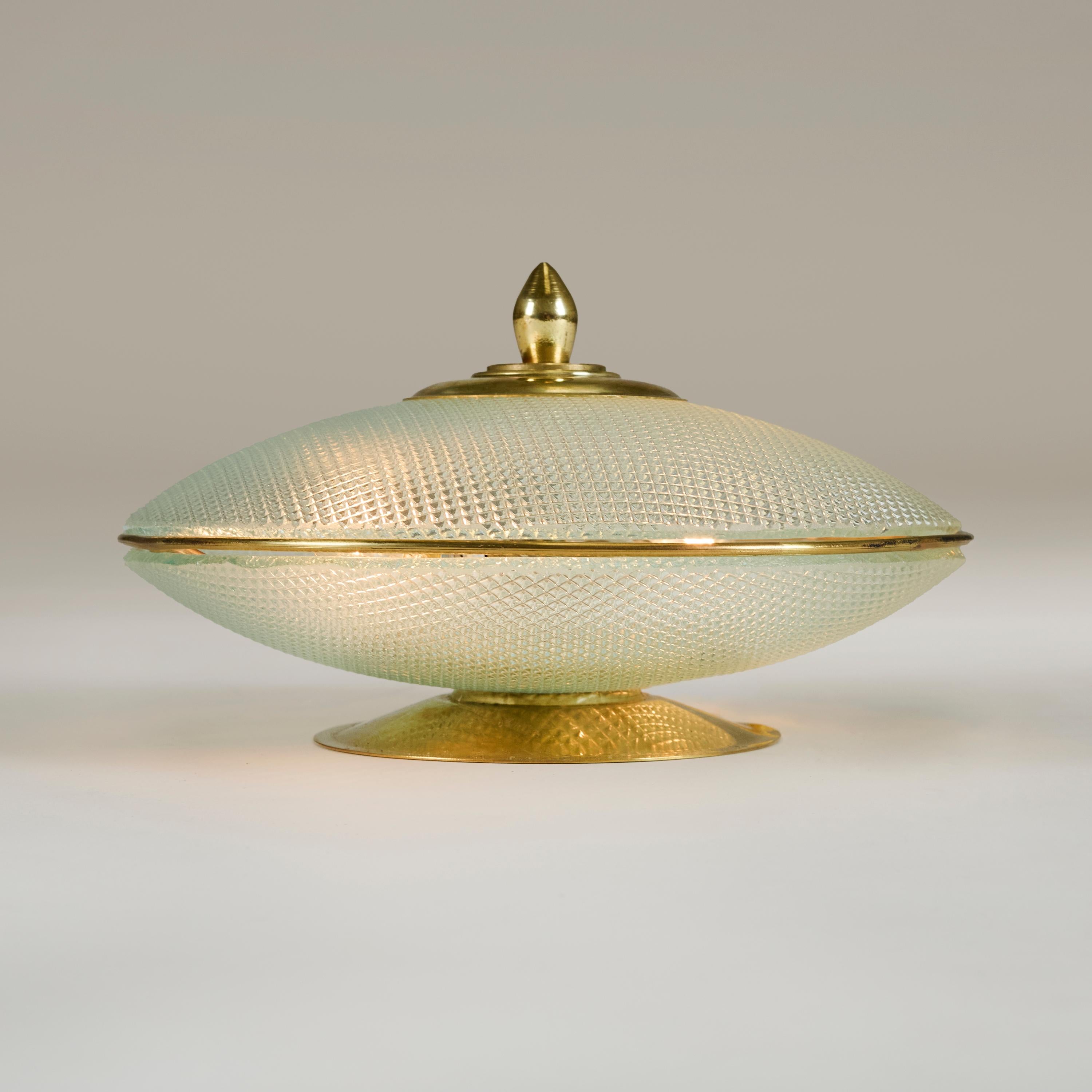 Italian 1970s domed glass table lamps with brass base, frame and decorative filial For Sale