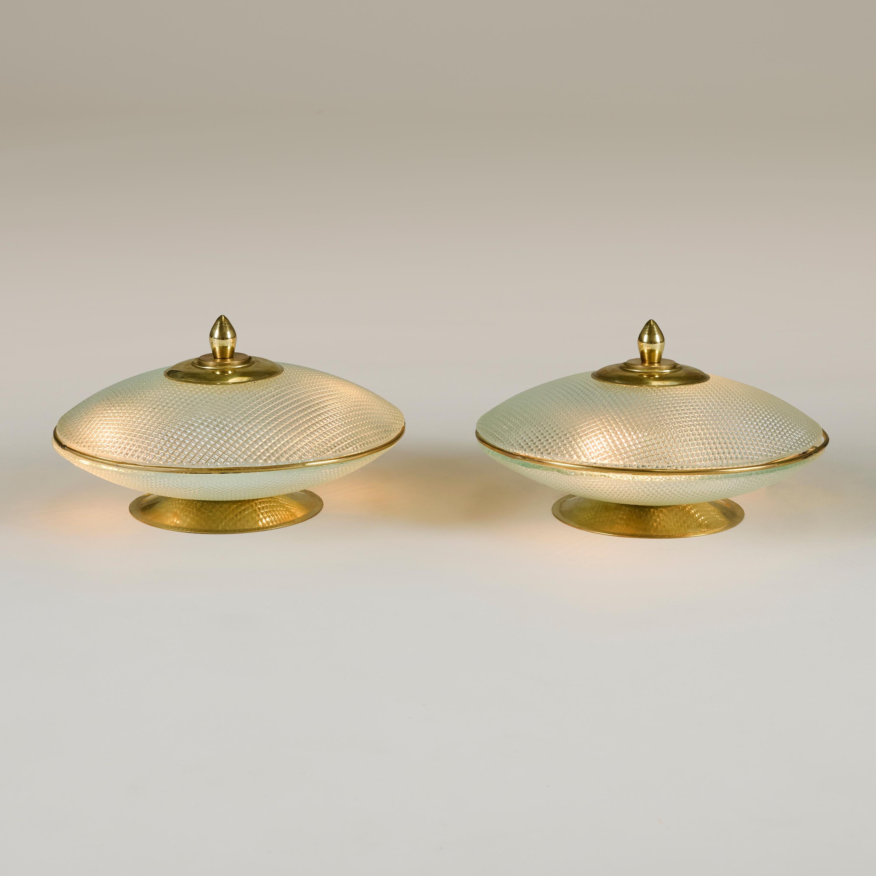 Late 20th Century 1970s domed glass table lamps with brass base, frame and decorative filial For Sale