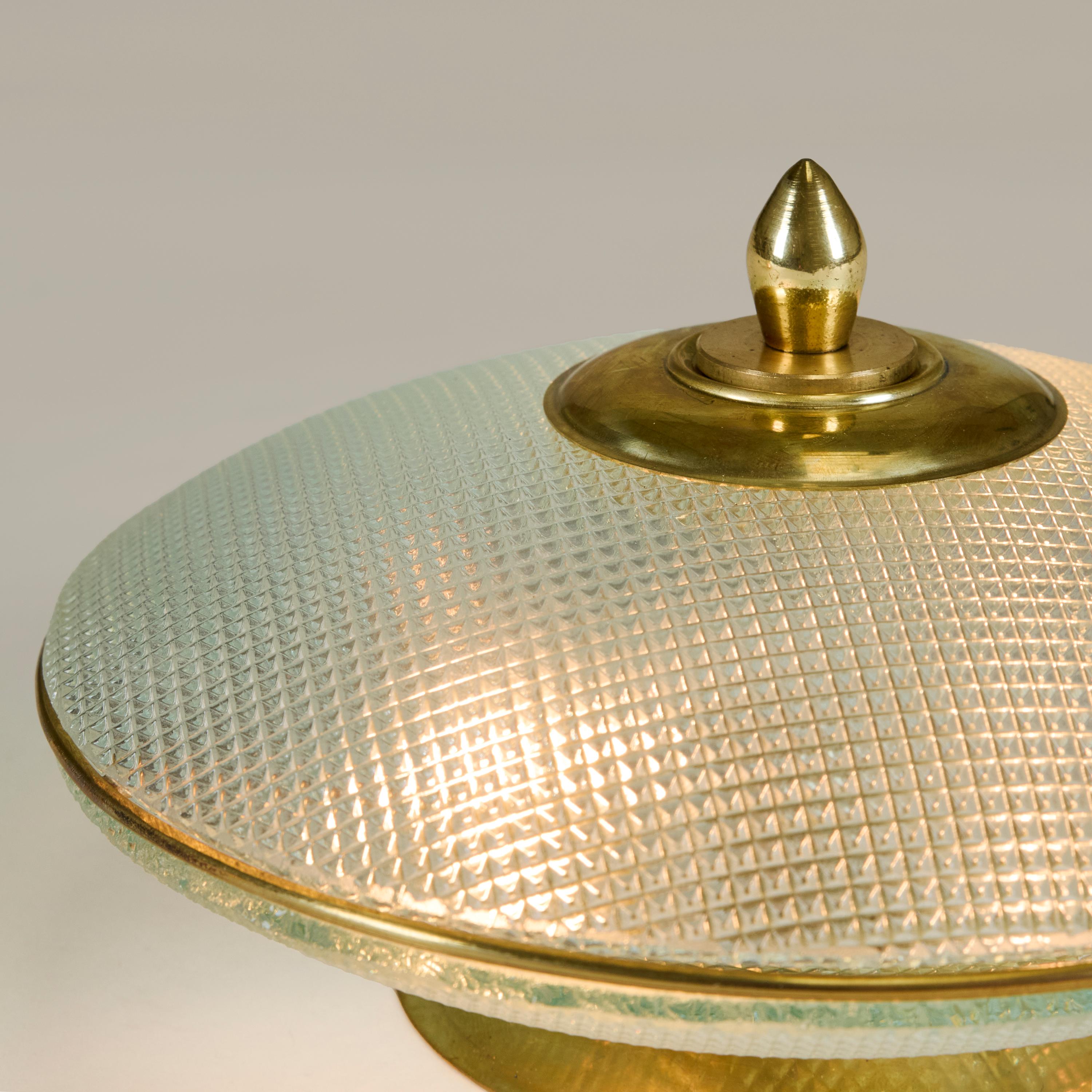 1970s domed glass table lamps with brass base, frame and decorative filial For Sale 2