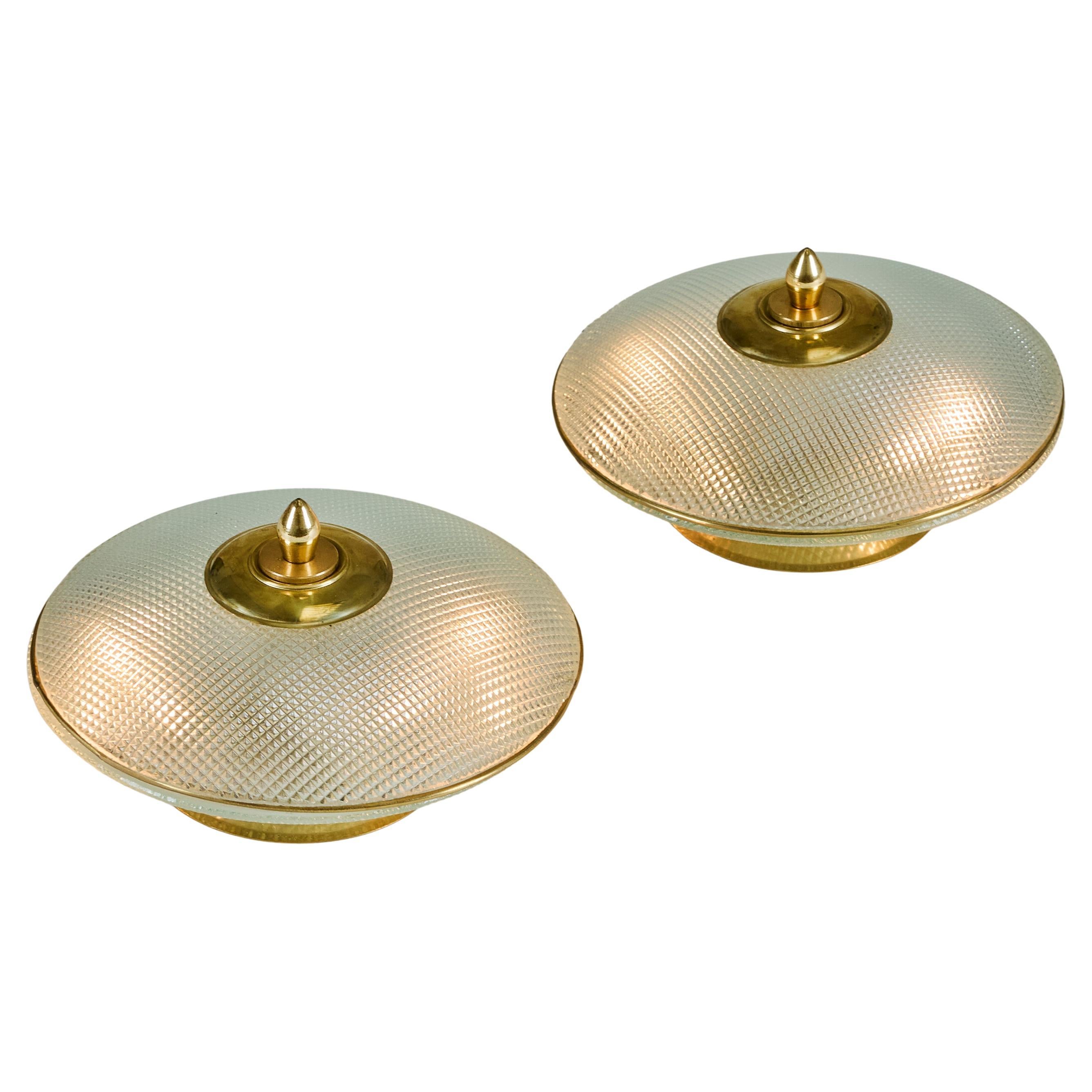 1970s domed glass table lamps with brass base, frame and decorative filial For Sale