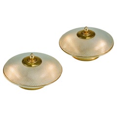 1970s domed glass table lamps with brass base, frame and decorative filial