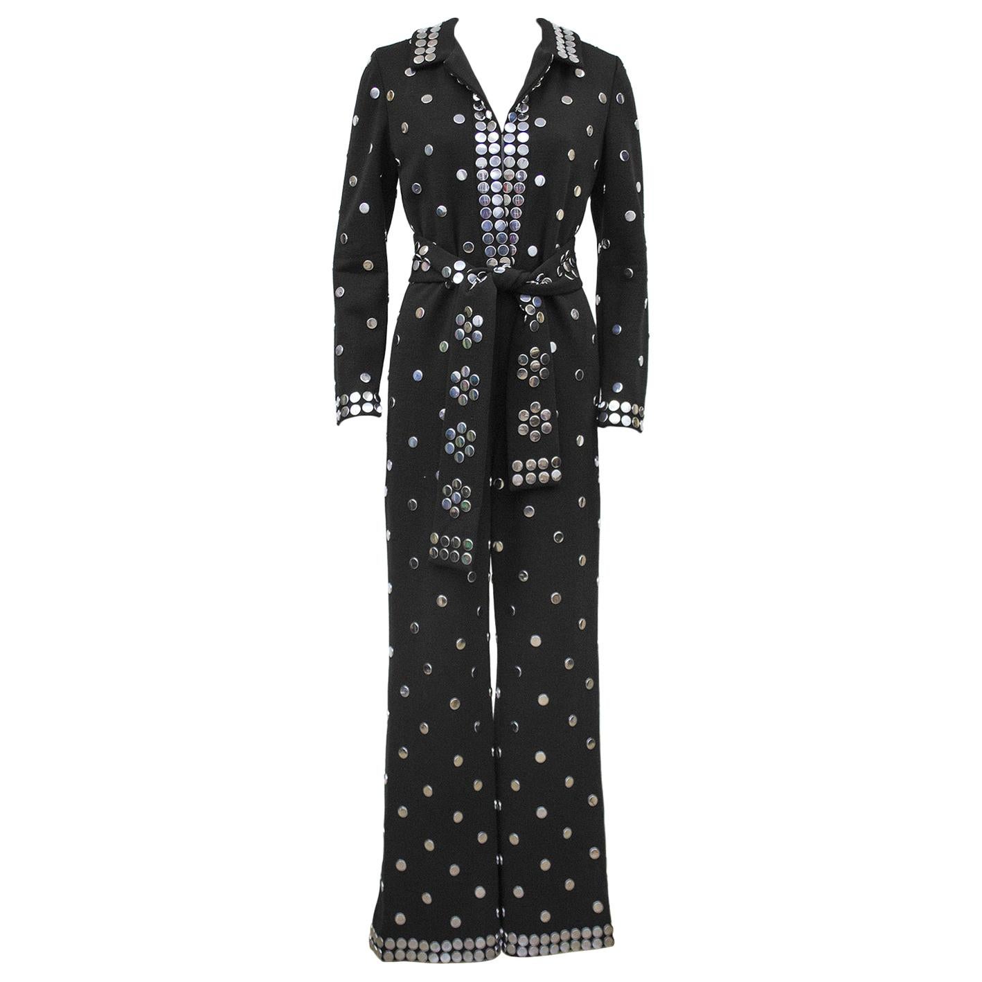 1970s Donald Brooks Black Jersey Belted Jumpsuit with Silver Studs