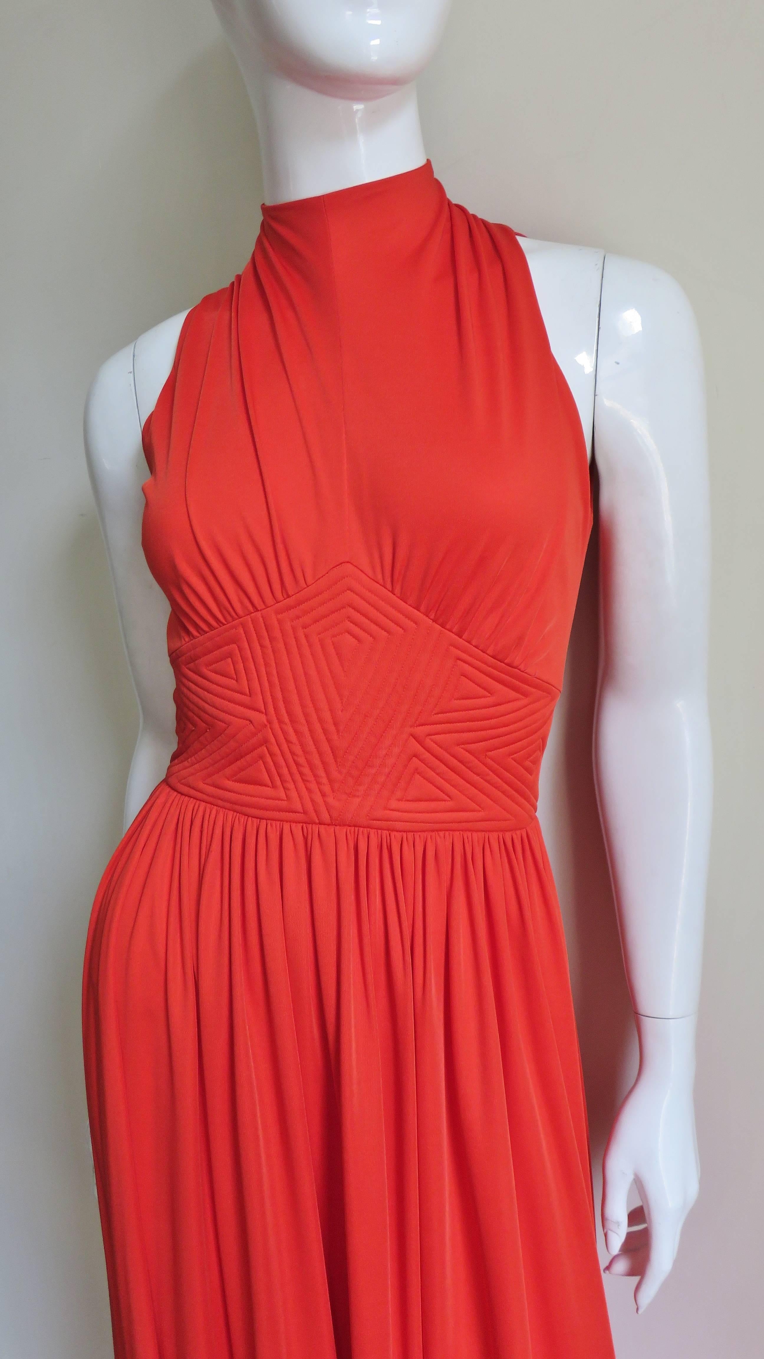 Red Donald Brooks Embroidered Maxi Dress 1970s